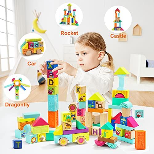 TOP BRIGHT TOP BRIGHT Wooden Building Blocks Toddlers 1-3,Baby Blocks 12-18 Months,Toy Blocks for 1 2 3 Year Old 80 Piece