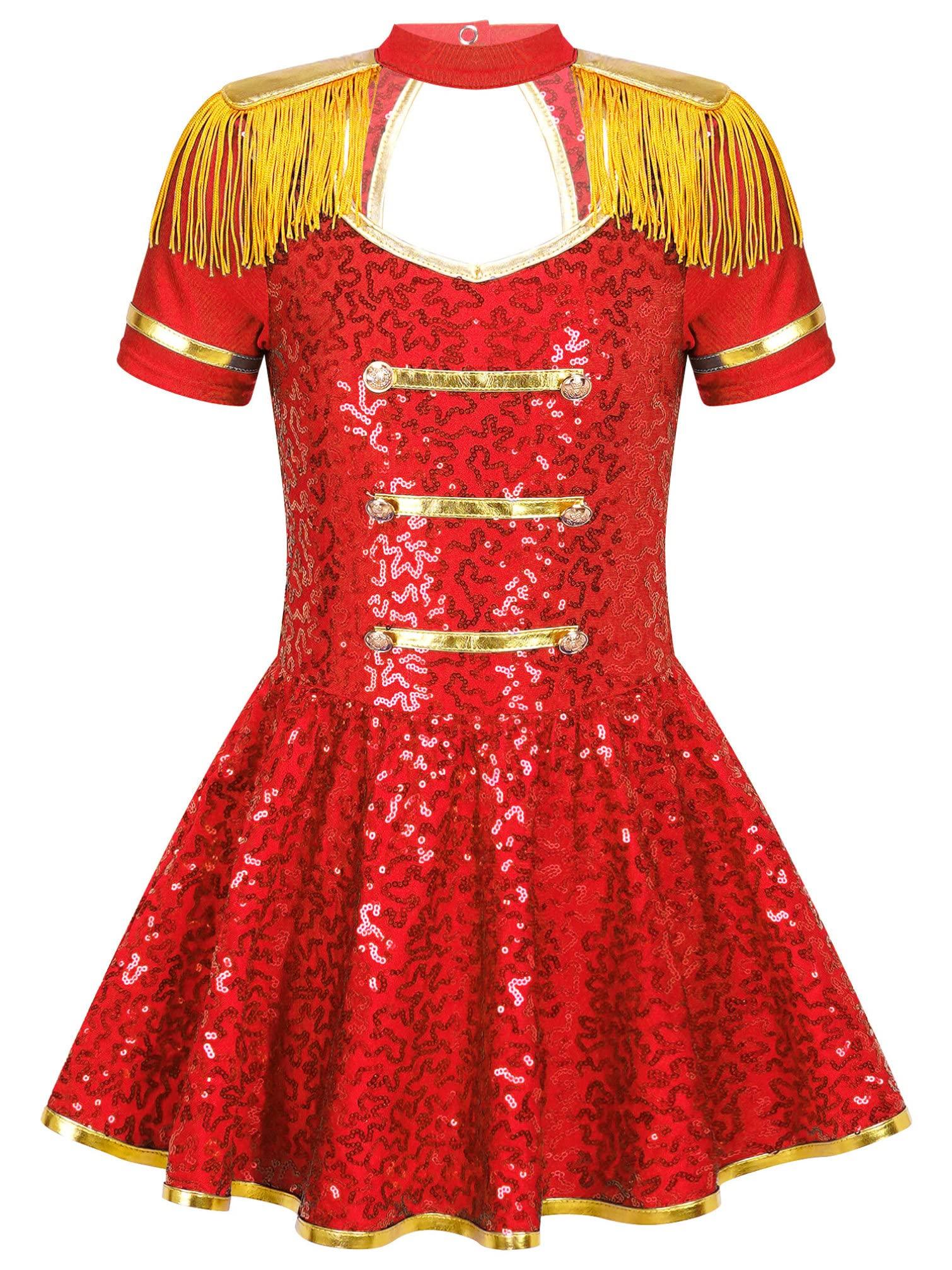 Jugaoge Jugaoge Girls Majorette Costume Shiny Sequin Marching Band Uniform Carnival Party Performance Leotard Dress Red 12 Years