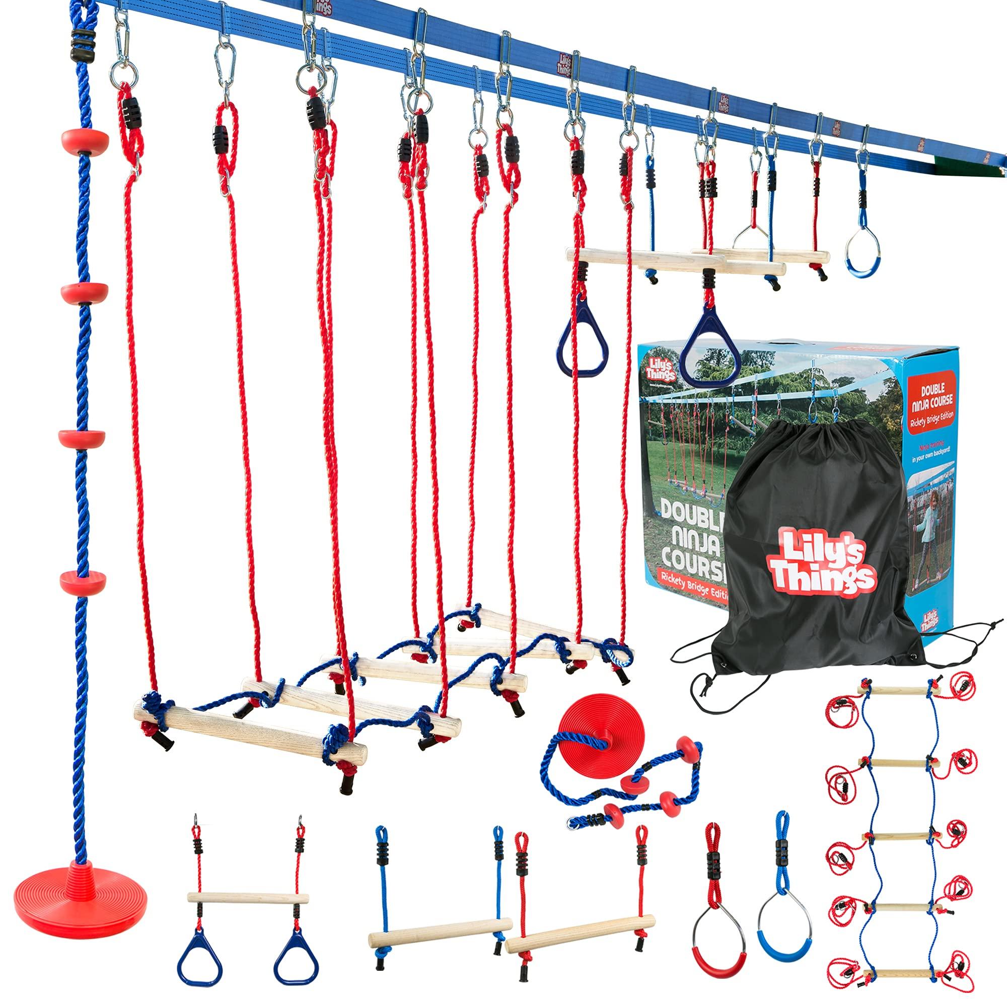 Lily\'s Things Double Ninja Slackline Obstacle Course | 110 Ft | Ninja Warrior Obstacle Course Accessories | Monkey Bars | Climbing Rope | Ninja Rings | Trapeze Swing Bar | Rickety Bridge Edition -Patent Double Line