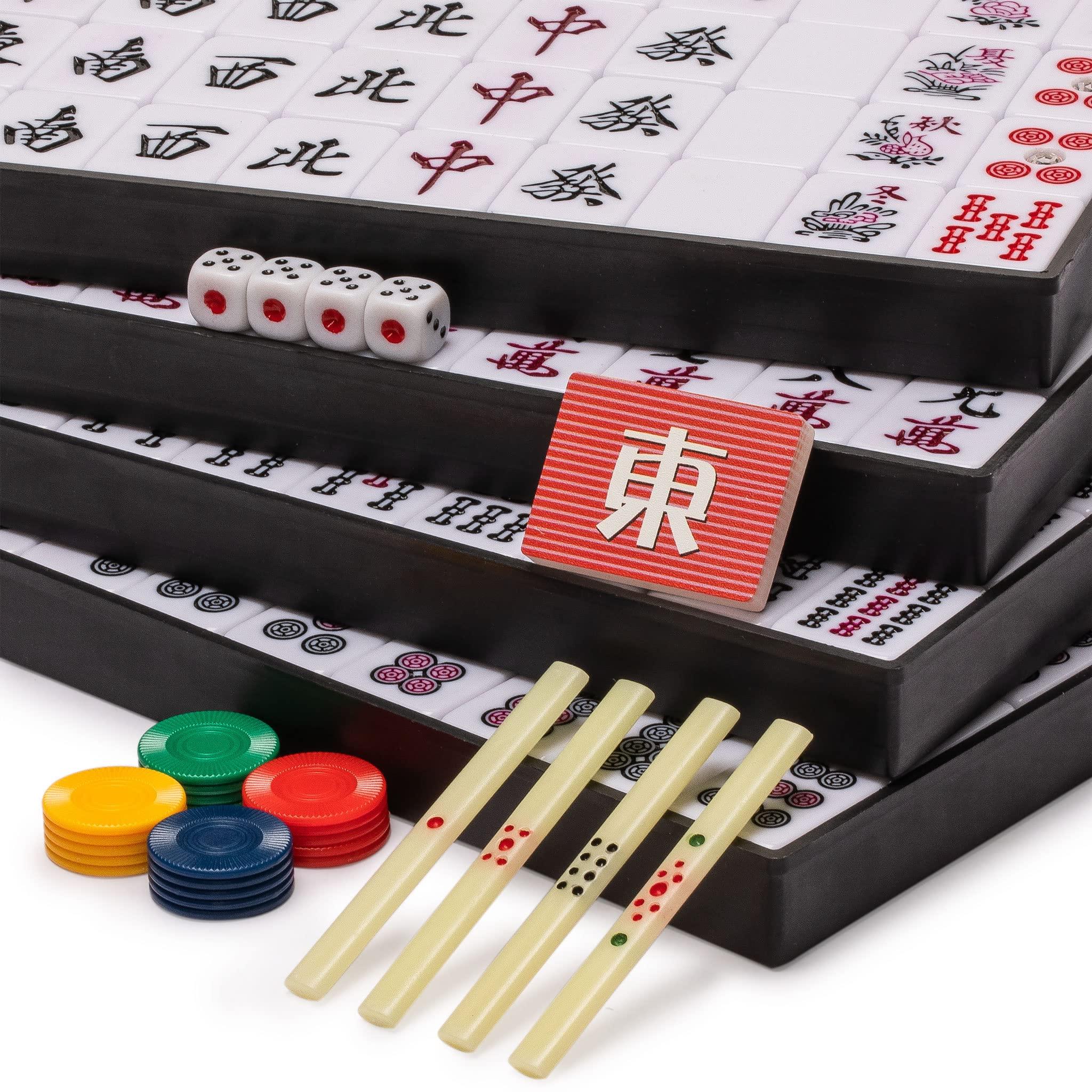Yellow Mountain Imports Yellow Mountain Imports Japanese Riichi Mahjong Set - Large White and Green Tiles, Vinyl Case - Includes East Wind Tile, Betting Sticks, and Dice