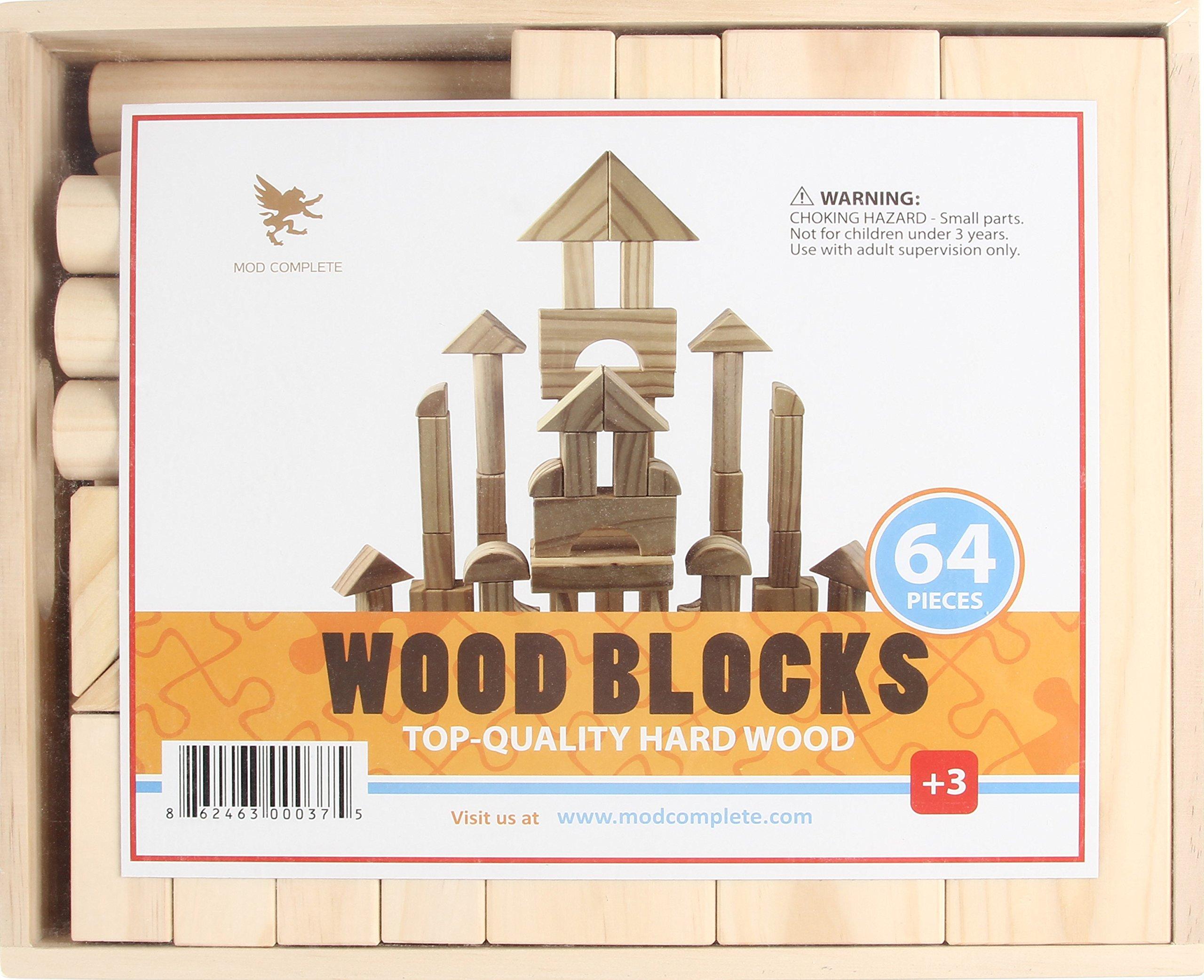 MOD Complete Standard Unit Building Blocks for Toddlers with Storage Tray (64 Pcs) Sanded Wood Blocks for Children, Original STEAM, and STEM Learning, Classic Wooden Toys for Kids Parties and Classrooms
