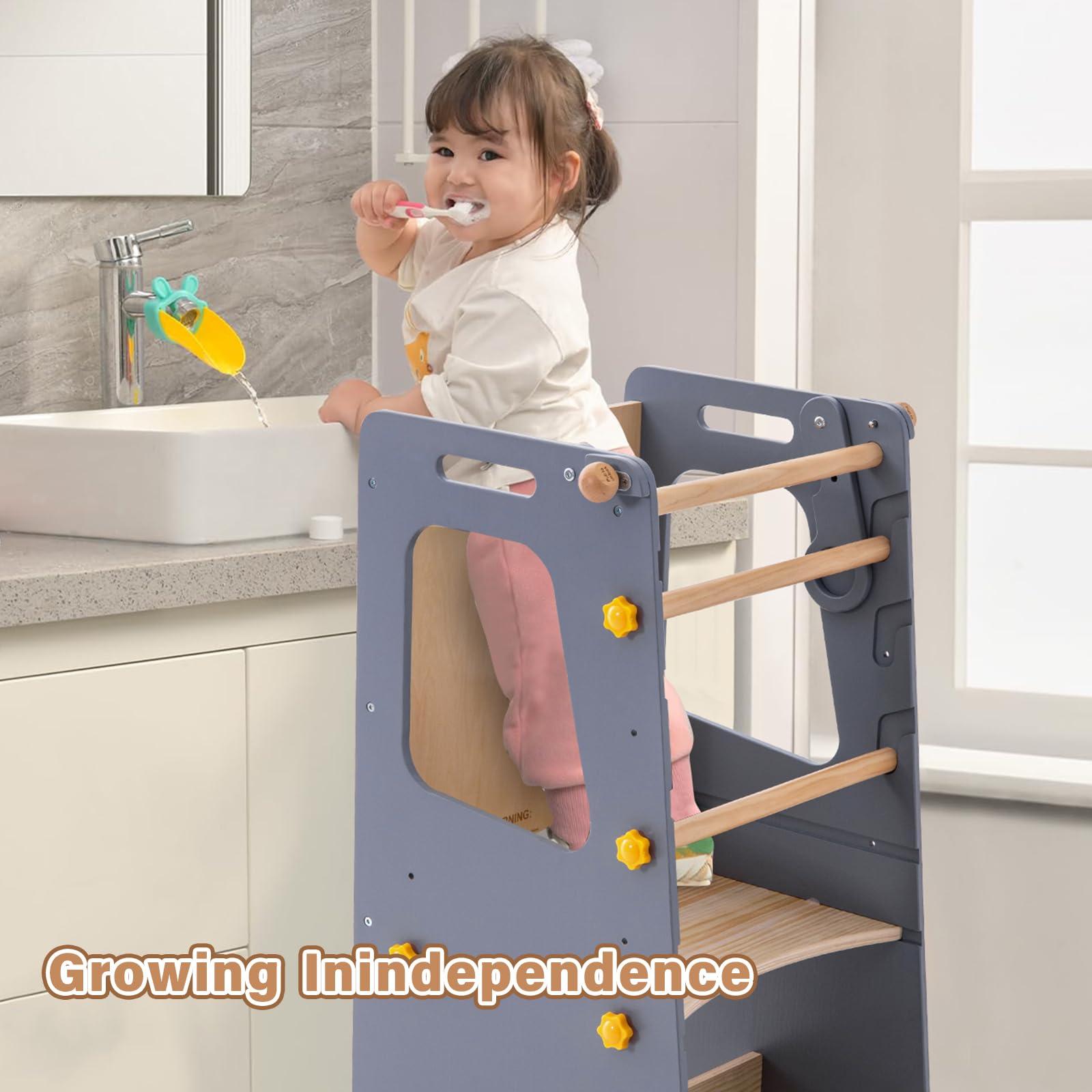 Aokkto Aokkto 4 in 1 Toddler Kitchen Tower, Kids Kitchen Stool Helper, Standing Tower with Convertible Table and Chair, Toddler Step Stool with Adjustable-Height,Whiteboard and Safety Rail for Kitchen, Gray