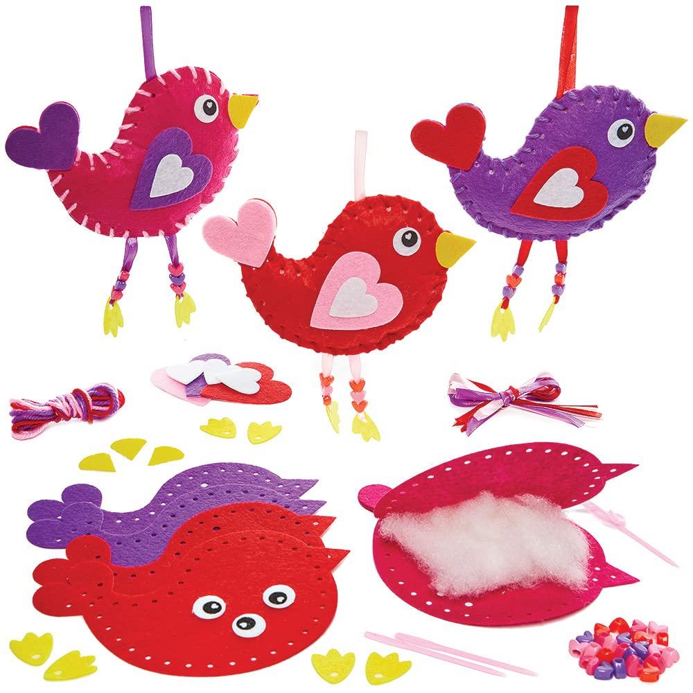 Baker Ross Baker Ross FX418 Bird Love Heart Sewing Kits - Pack of 3, Valentine\'s Sewing Craft Kits for Kids, Purple, Pink, red