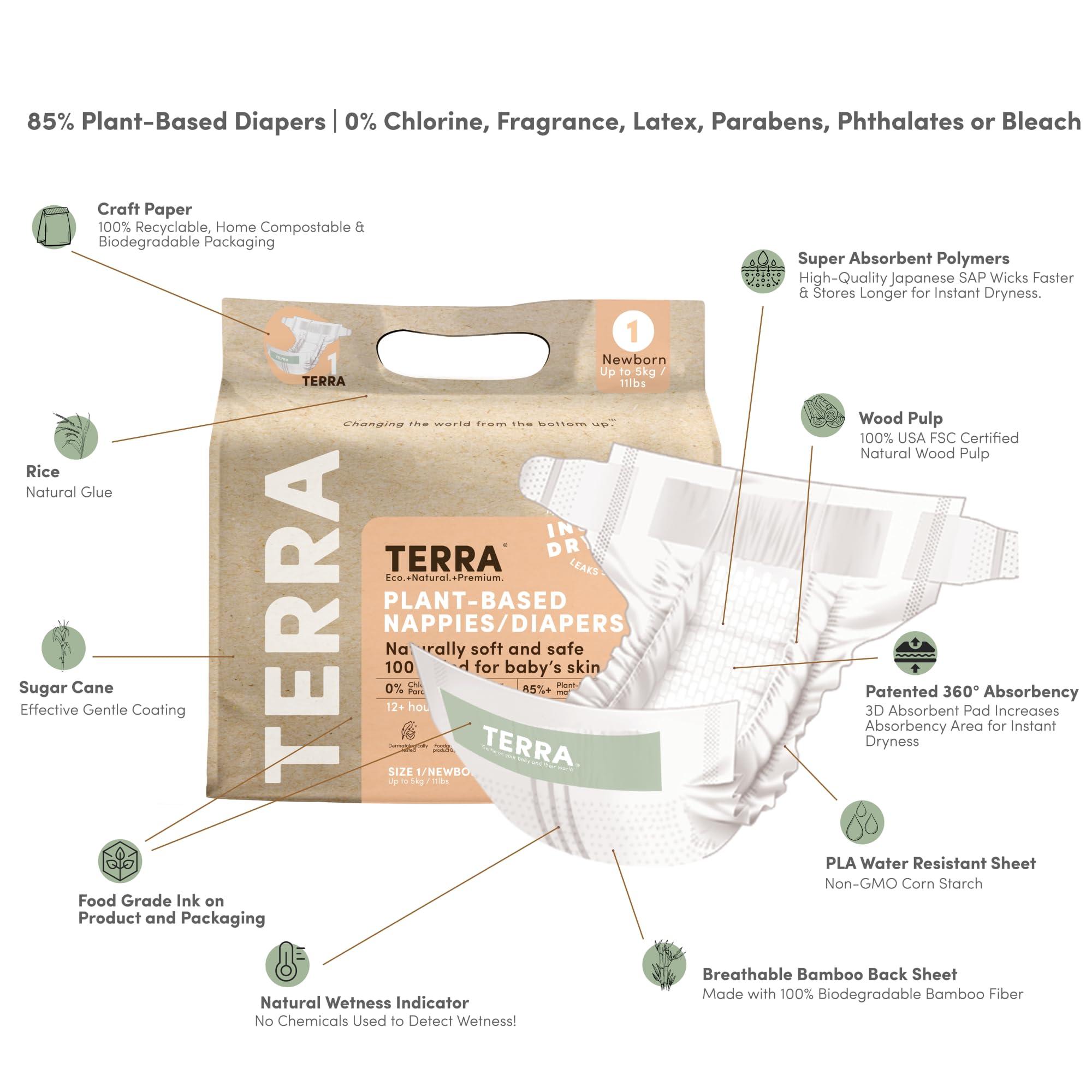 Terra Terra Size 1 Newborn Diapers: 85% Plant-Based Diapers, Ultra-Soft & Chemical-Free for Sensitive Skin, Superior Absorbency for Day or Nighttime Diapers, Designed for Newborns up to 11 Pounds, 24 Count
