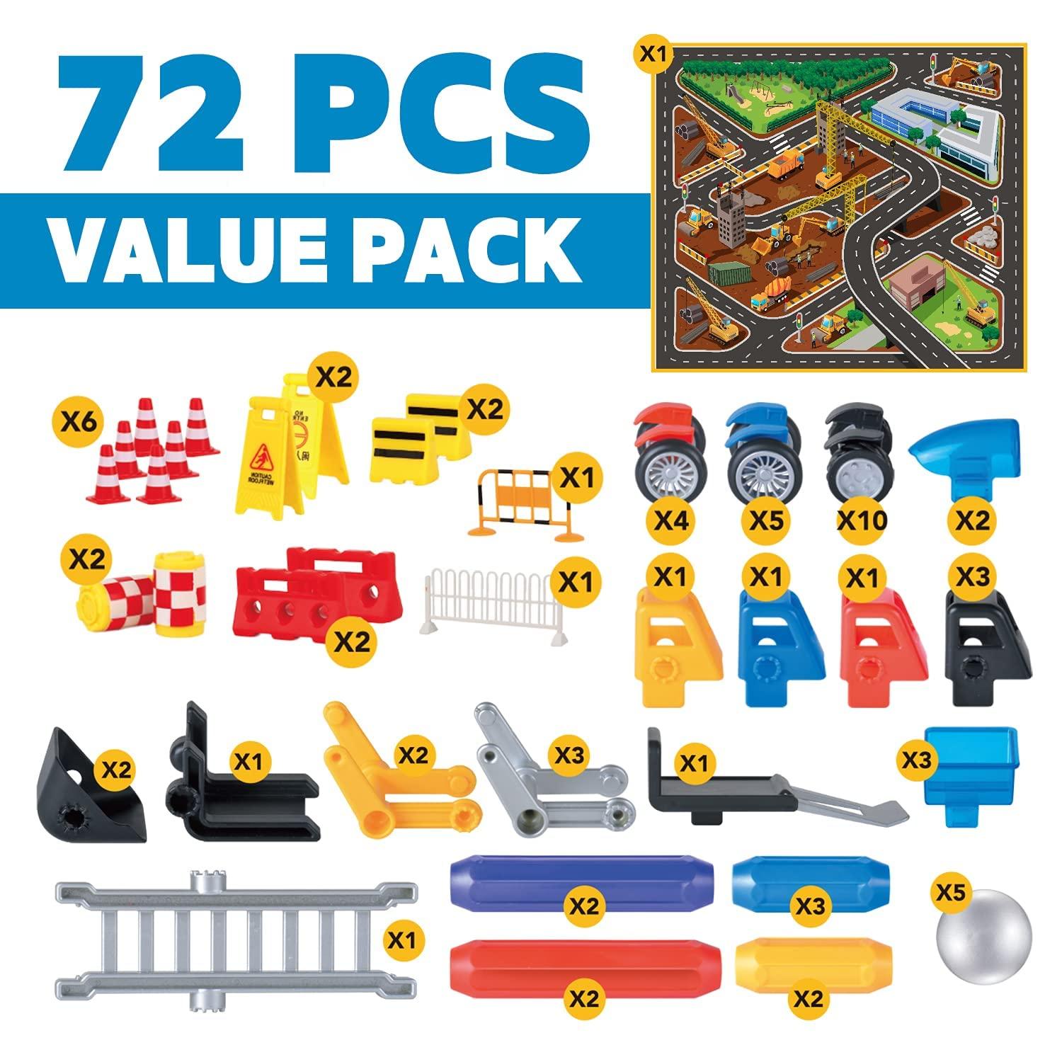MOBIUS Toys Cars Magnetic Building Blocks, New Shapes for Creating Endless Construction Trucks Toys, Including Play Mat, Road Signs, Montessori STEM Toy Boys & Girls and Magnetic Tiles for Kids Ages 4-8