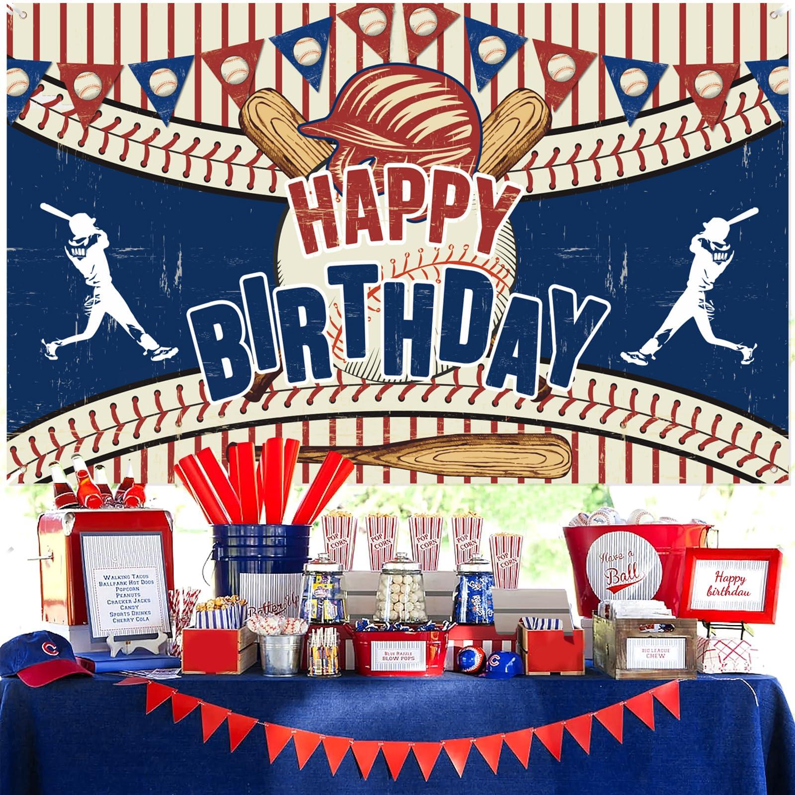RUMIA Vintage Baseball Party Decorations - Happy Birthday Banner for Boys, Kids, Teens - Large Retro Sport Themed Party Supplies for Birthday, Anniversary Decor