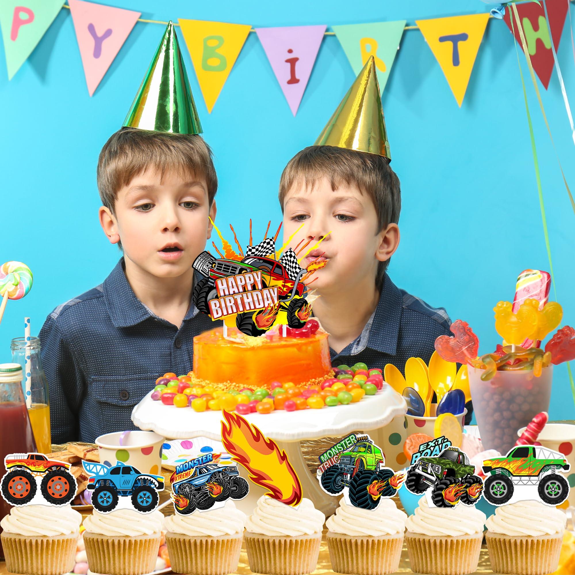 Haxpacal Haxpacal Truck Cake Topper, 49pcs Monster Car Theme Birthday Party Supplies, Red, Green, Blue Cake Decorations for Kids Birthday, Baby Shower Party Decorations