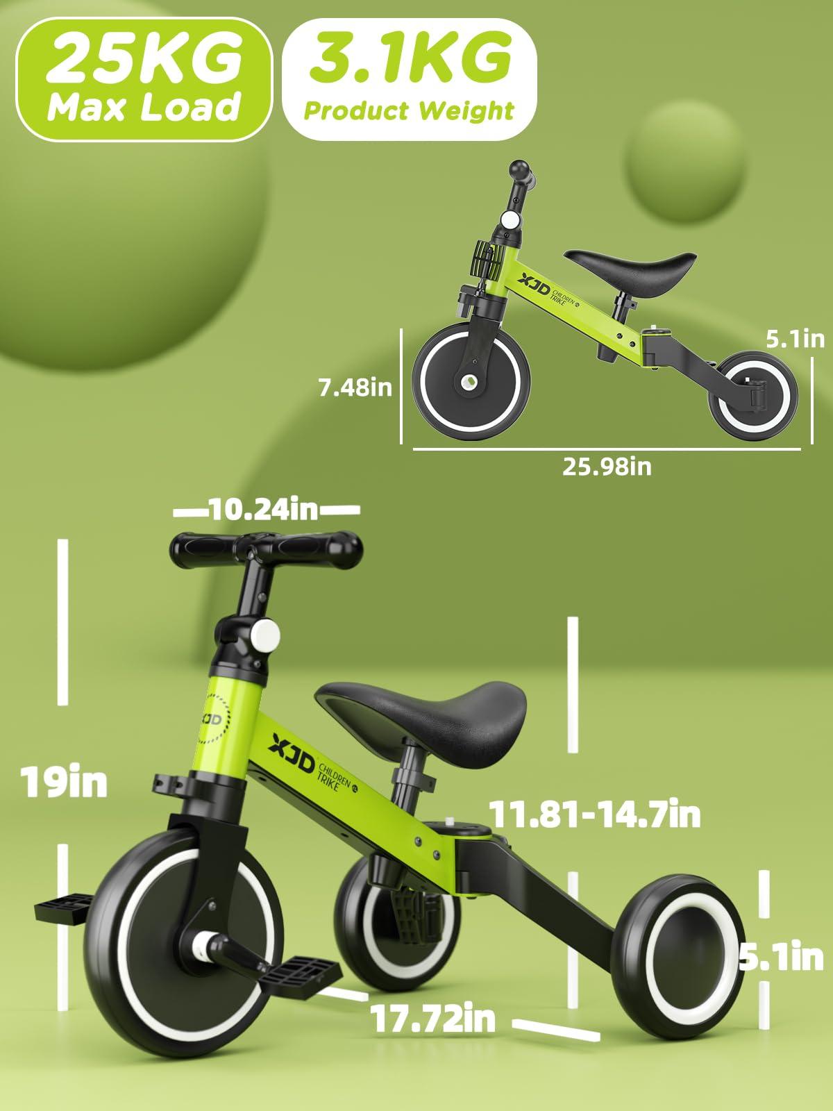 XJD XJD 5 in 1 Toddler Bike, Tricycle for Toddlers 1-3 with Adjustable Seat Height, Removable Pedals, Ideal Balance Bike Birthday Gifts and Toys for Boys and Girls (Green)