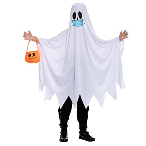 Spooktacular Creations Spooktacular Creations Halloween Child Friendly Ghost Costume with Pumpkin Bucket, Halloween Spooky Cloak Cape horror masks for Unisex Kids (Small (5-7yr))