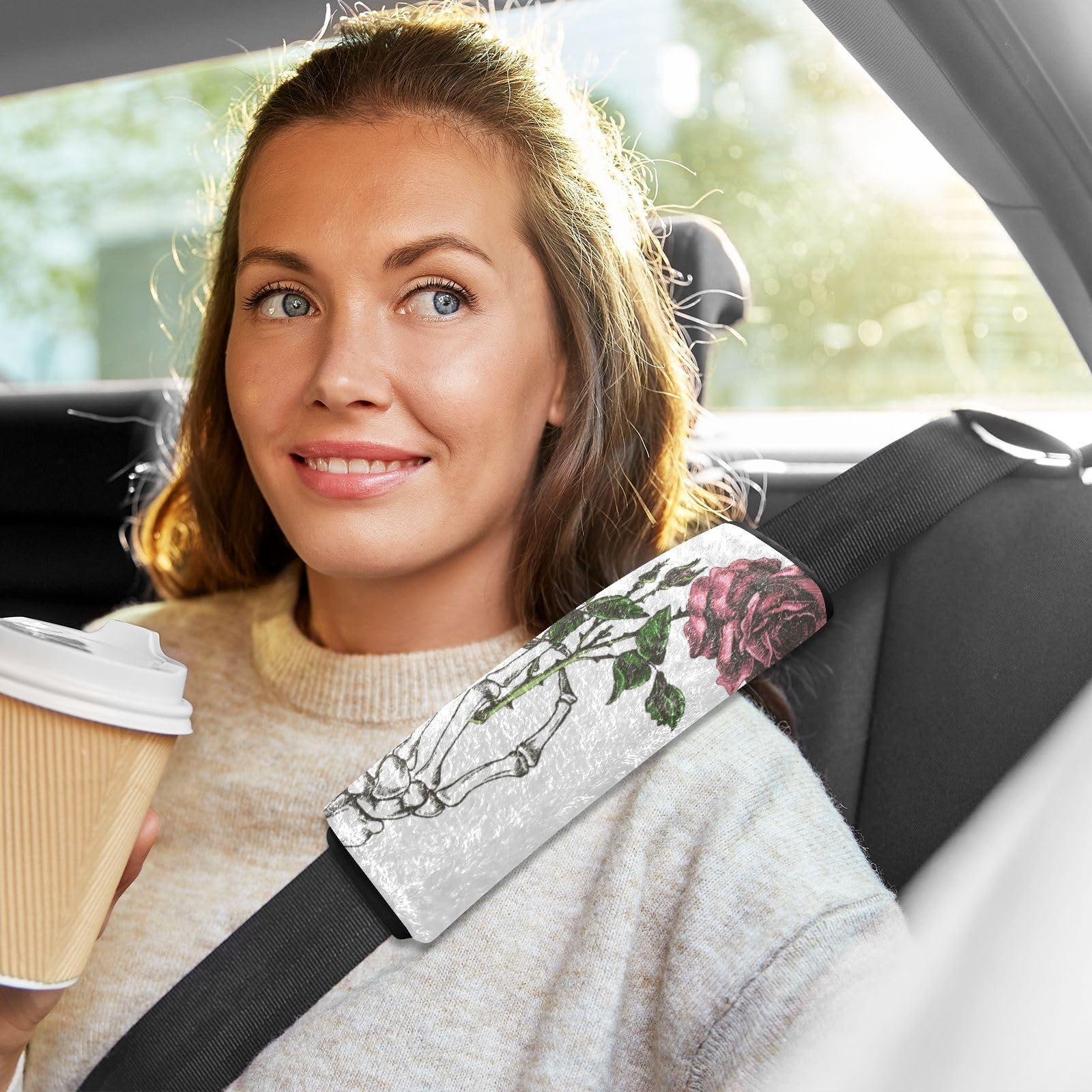 Dussdil Hand Skeleton with Flower Seat Belt Covers for Baby Kids Car Seat Strap Shoulder Seatbelt Covers 2 Pack Super Soft Car Seat Neck Cover for Boys Girls Adults Babies 10 in