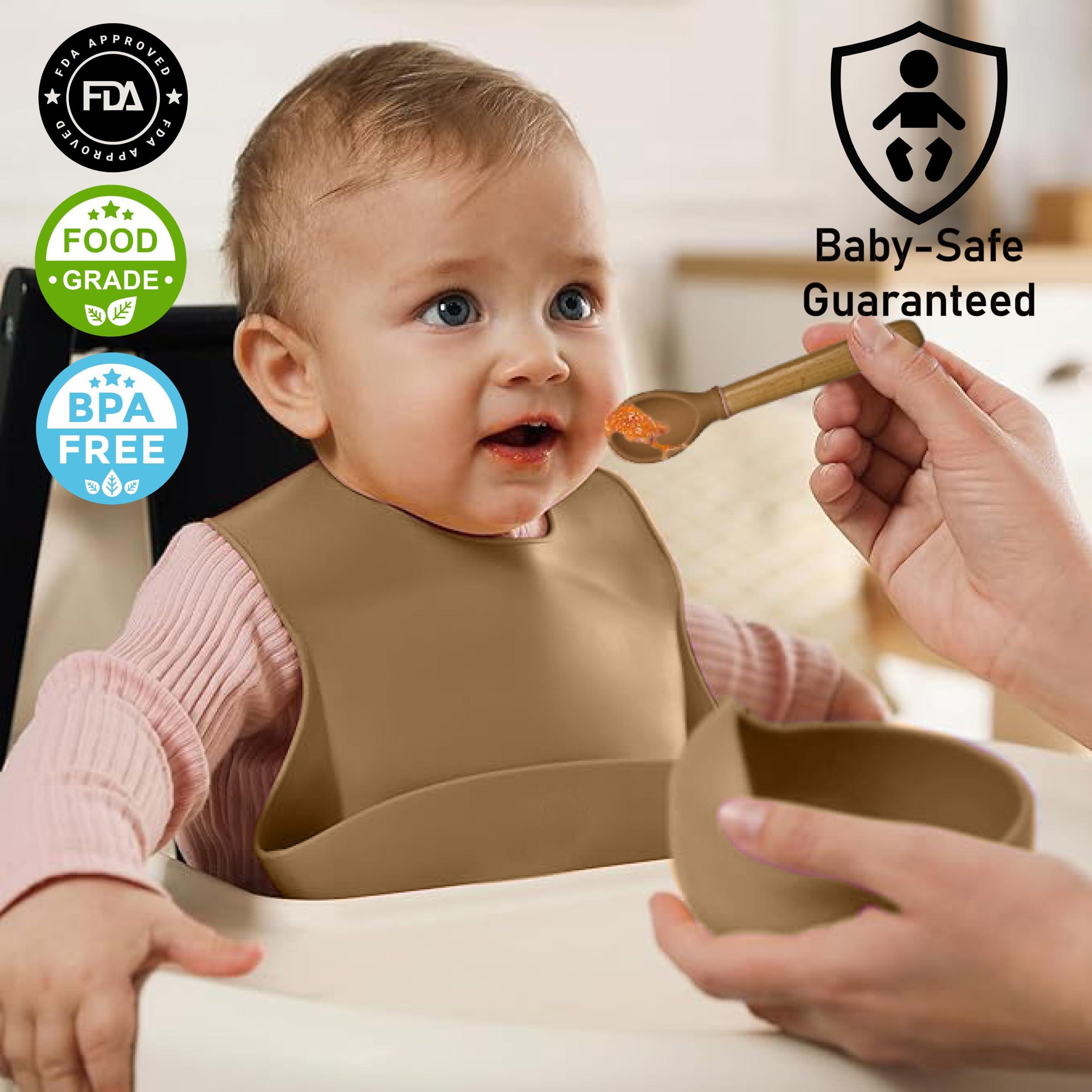 ToysCentral Basics Personalized Silicone Baby Weaning Set,Custom Weaning Set for Toddler,Baby Feeding SetSuction Plate Bowl Set, Self Feeding Spoons, Bib, Cup, Baby Led Weaning Supplies (Brown)