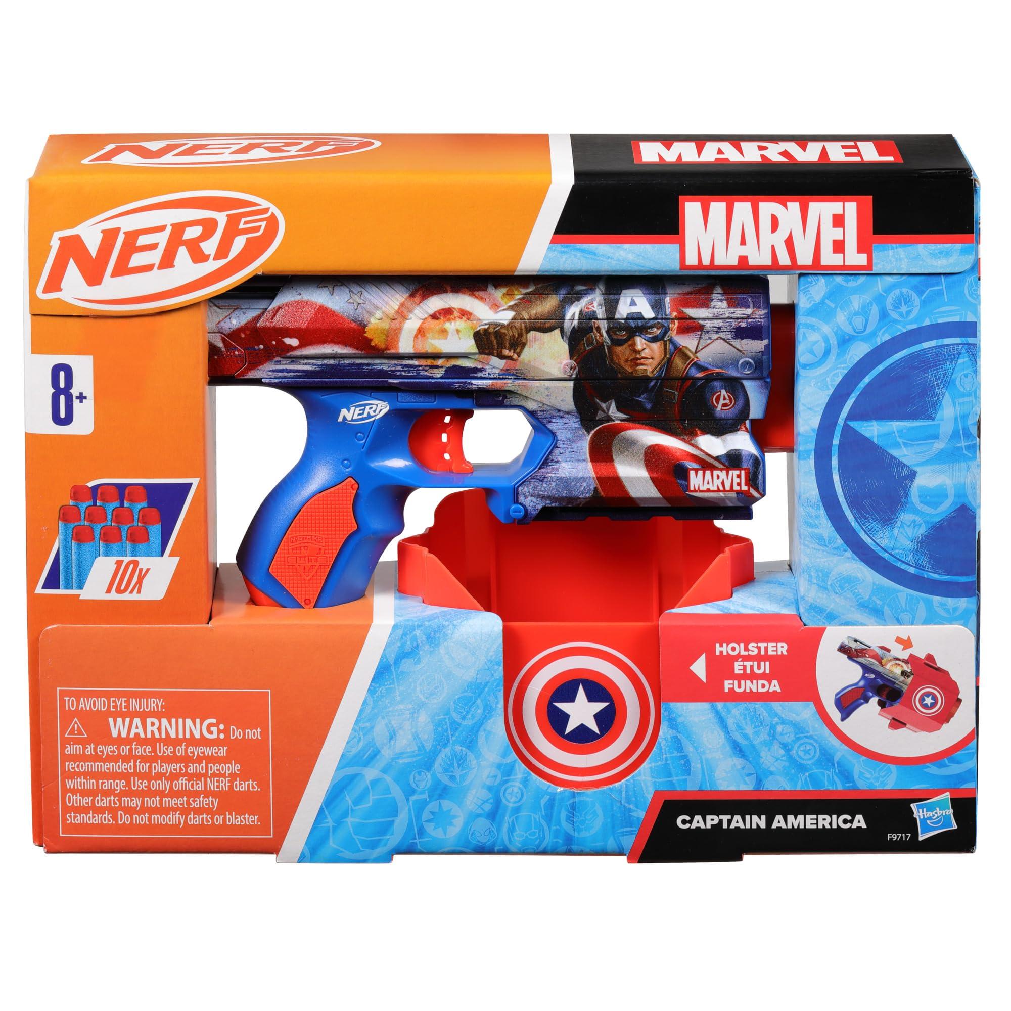 NERF NERF Marvel Captain America Dart Blaster, 10 Elite Darts, Holster, Toy Foam Blasters for 8 Year Old Boys & Girls & Up
