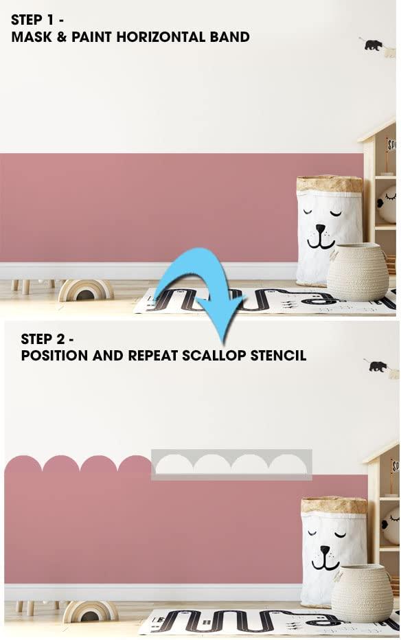 Ideal Stencils Scallop Border Wall Stencil, Nursery Room Decor, Paint Nursery or Kids Room Walls Using This Home Decor Wall Painting Stencil (XL/ 12.5X80CM / 5X31)