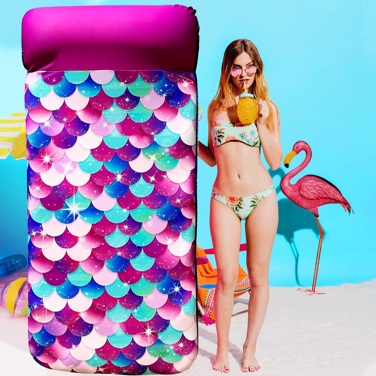 PARENTSWELL PARENTSWELL Inflatable Mermaid Scales Pool Floats, 72" X-Large Fabric Covered Pool Float with Headrest, Pool Lounge Floaties for Adults, Summer Pool Party Decorations Supplies