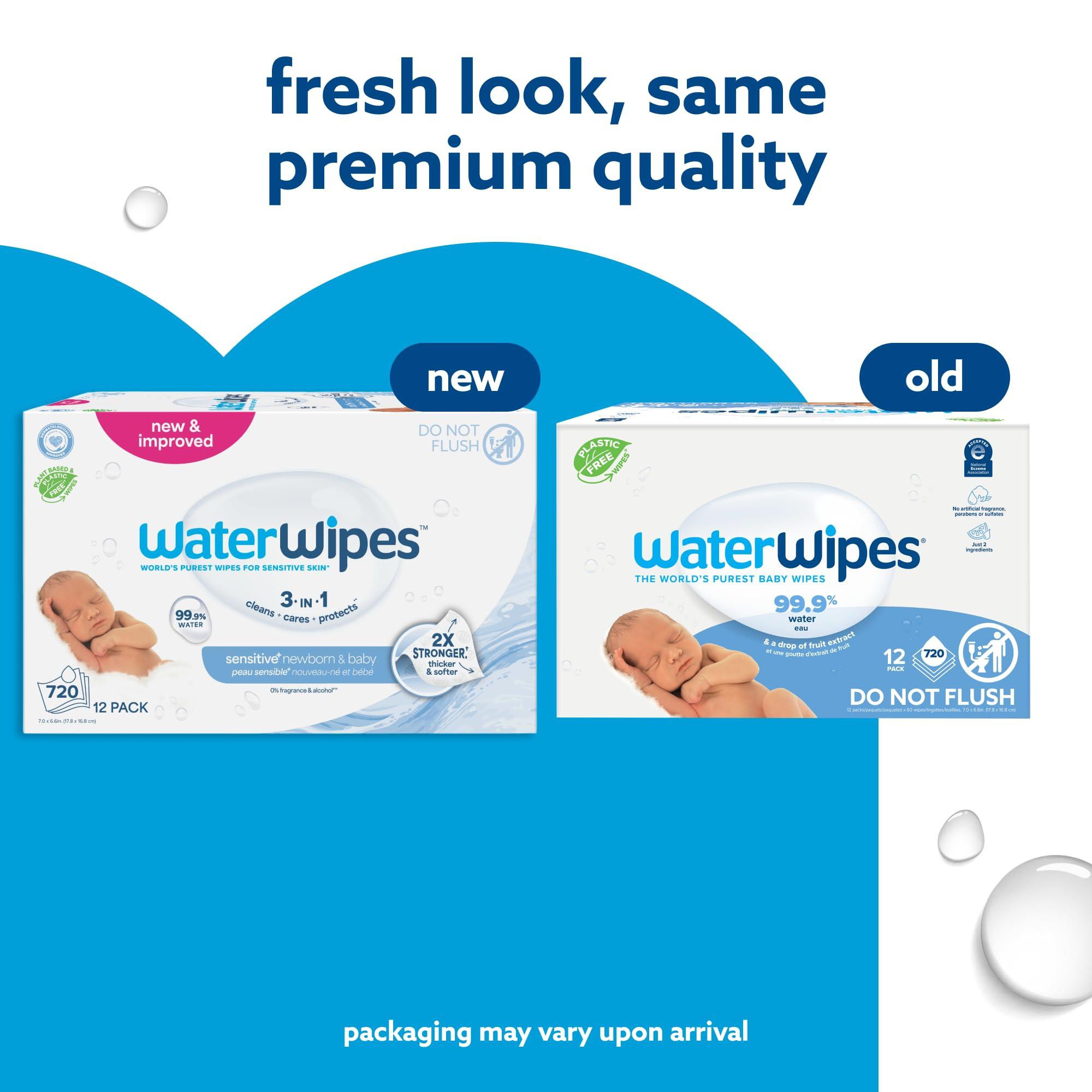 WaterWipes WaterWipes Plastic-Free Original Baby Wipes, 99.9% Water Based Wipes, Unscented & Hypoallergenic for Sensitive Skin, 60 Count (Pack of 12), Packaging May Vary