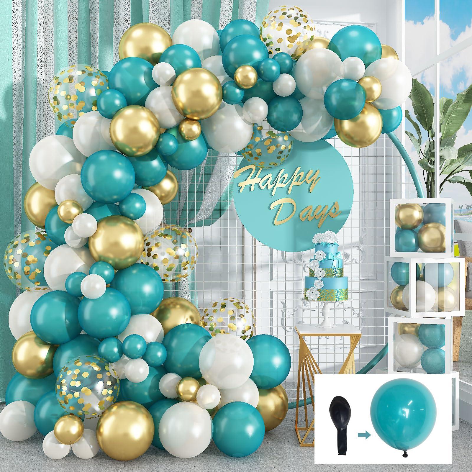 Domgoge Matte Turquoise Blue Pearl White Balloons Garland Arch Kit Metallic Gold Balloon with Gold Confetti Latex Balloon Teal Blue Balloons Chrome Gold Party Decorations Supplies Birthday Baby Shower