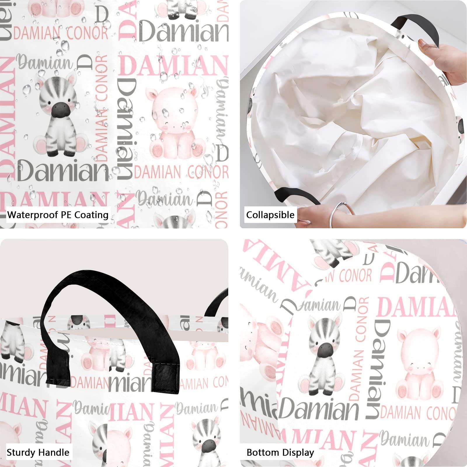 Deven Personalized Laundry Basket Hamper,Hippo Zebra Name Text,Collapsible Storage Baskets with Handles for Kids Room,Clothes, Nursery Decor