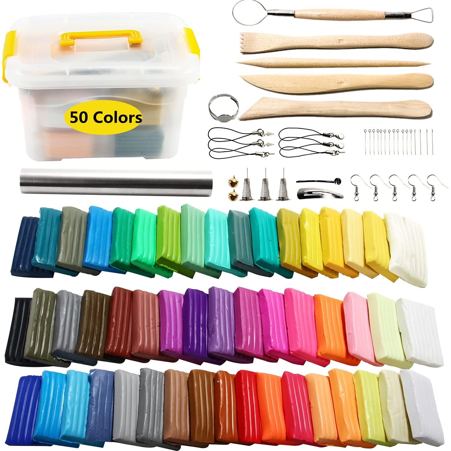 POZEAN POZEAN Polymer Clay 50 Colors, Modeling Clay Kit DIY Oven Bake Clay with Sculpting Tools, Accessories and Portable Storage Box, for Kids/Adults/Beginners