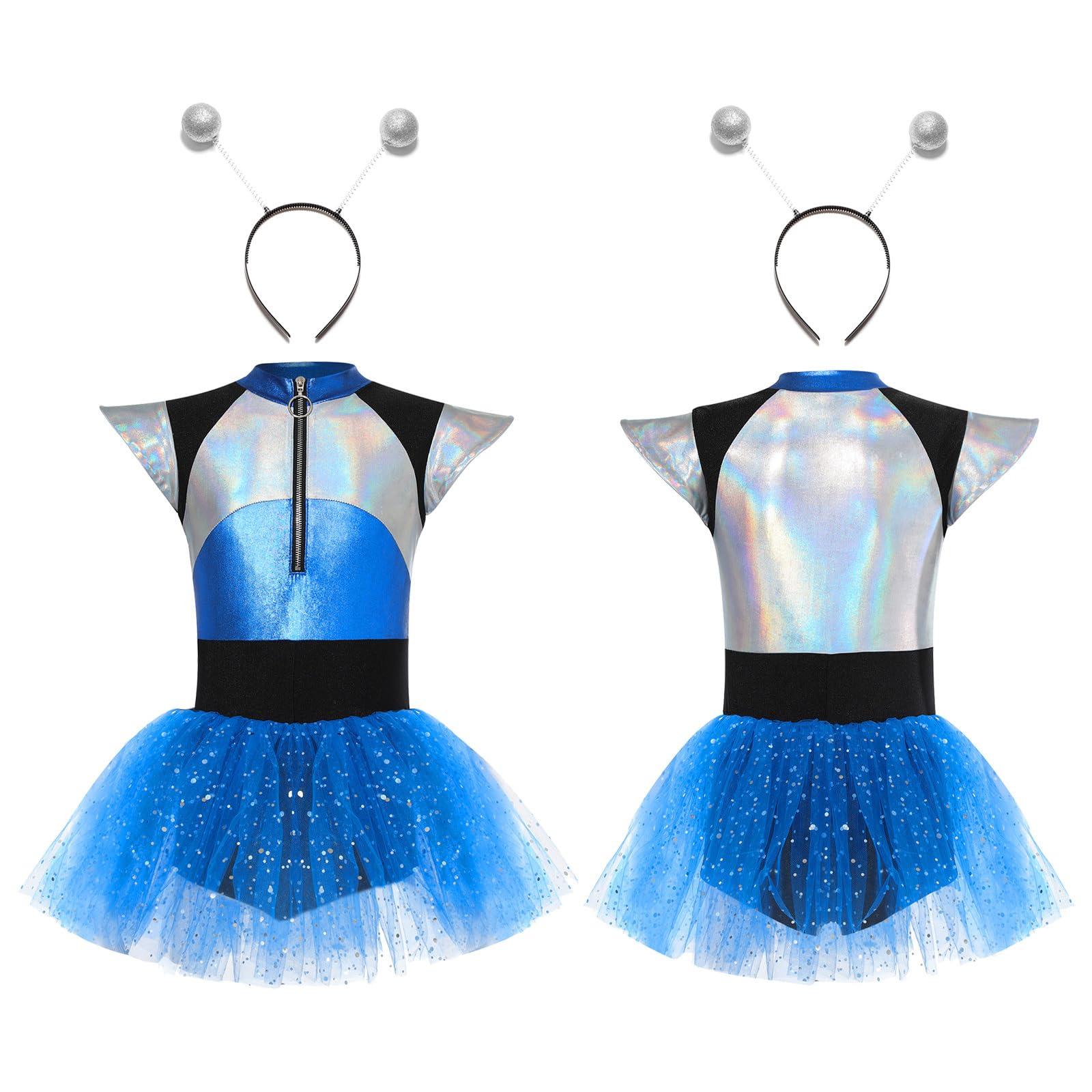 Fldy Fldy Kids Girls Alien Costume Halloween Robot Cosplay Outfits Shiny Metallic Leotard Sparkly Sparkly Tutu Tulle Dress A 12 Years