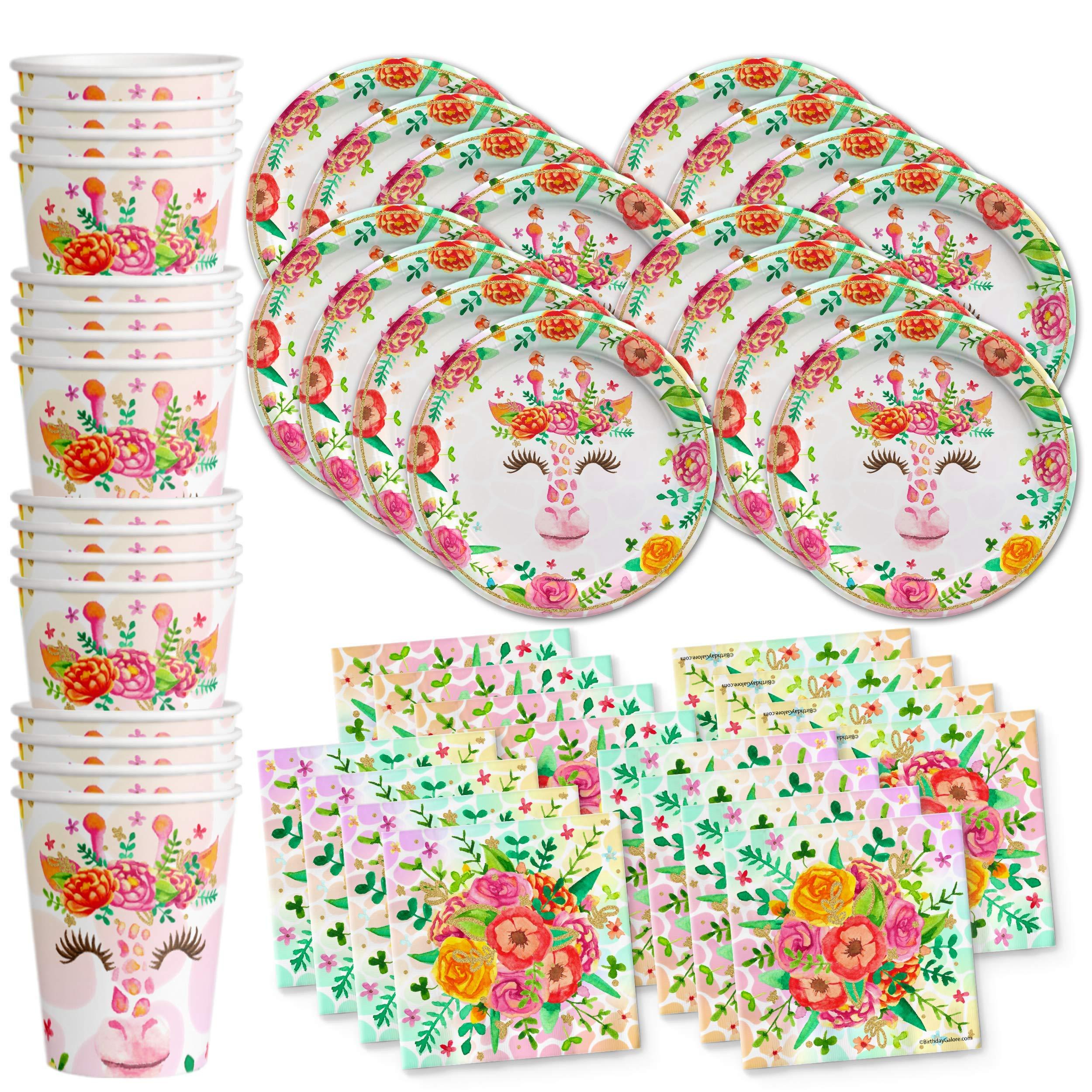 Birthday Galore Giraffe Floral Birthday Party Supplies - Giraffe Party Supplies - Zoo Animal Party Supplies - Safari Animal Party Supplies | Tableware Set Includes Plates Napkins and Cups | Kit for 16