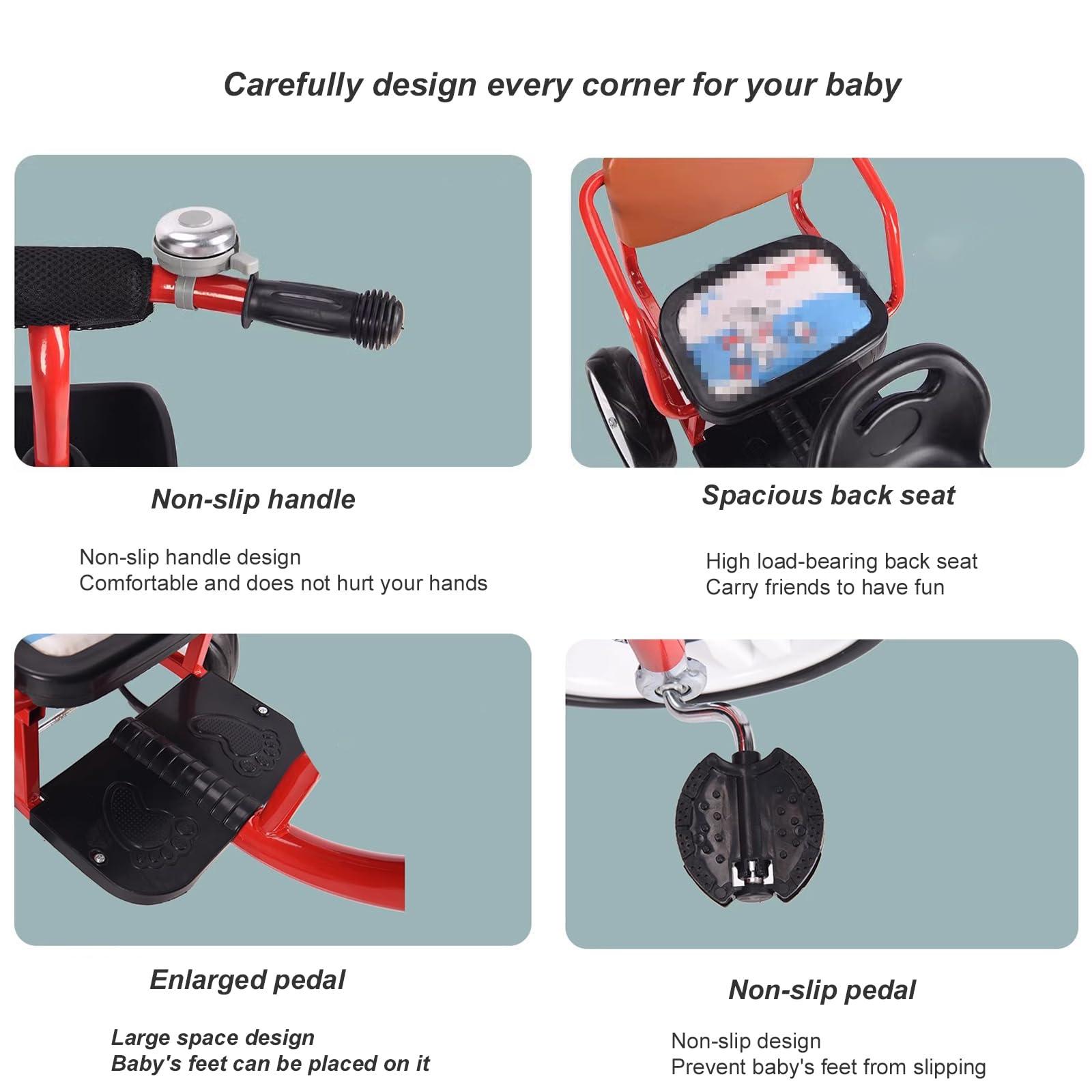 JIYIAN Twin Stroller Trike for Kids,Tricycle Stroller,Two-Seater Pedal Bicycle with Spacious Rear Adjustable Seat/Removable Rear Push Handle/Enlarged Pedals,Red,Style 4