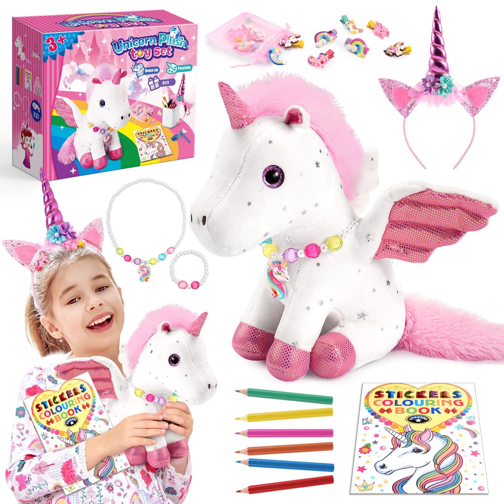 Toyze Unicorn Toys for Girls Ages 2-4 4-6 5-7 with Unicorn Stuffed Animal DIY Coloring Book for Kids Toddler,Cute Girl Toys with Unicorn Headband Jewelry Hair Clip,Fun Baby Girl Gifts for Birthday Christmas