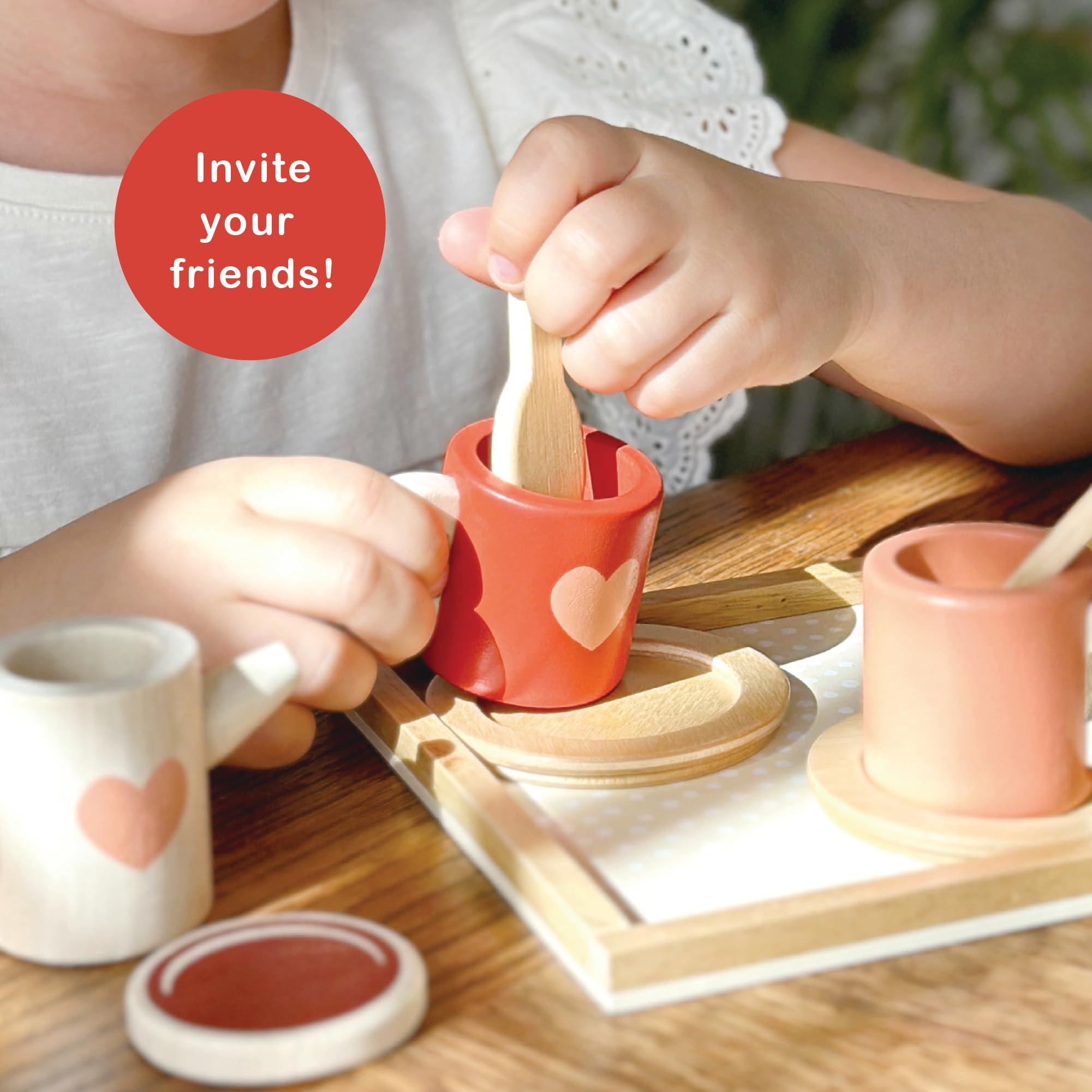Mentari Mentari Toys - Tea Time Tray Set - Wooden Pink Teapot, Cups and Trays for Pretend Afternoon Tea Party - Social, Creative, and Imaginative Development - Learning Role Play - Age 3+