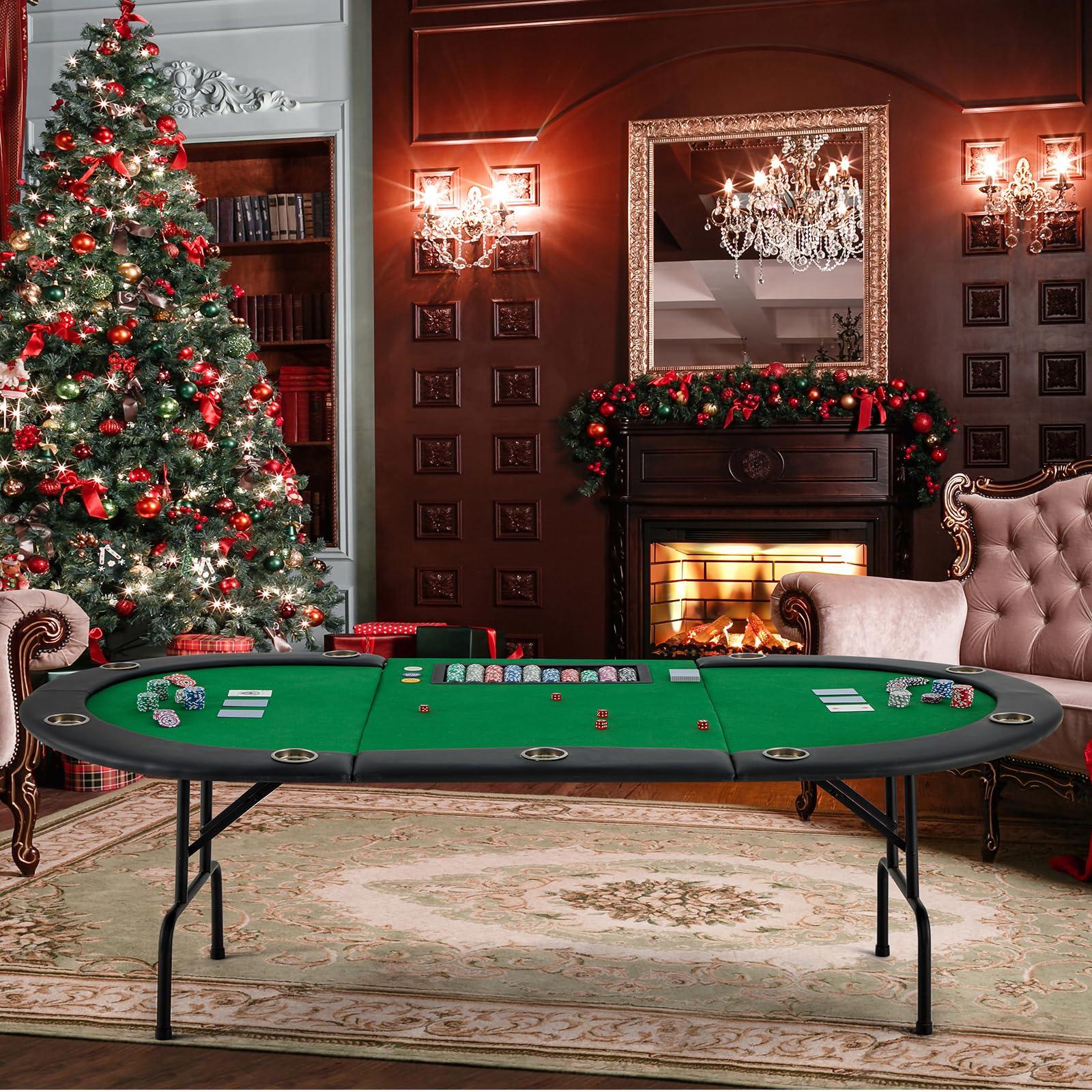 ECOTOUGE ECOTOUGE Poker Table with Stainless Steel Cup Holder, Oval Casino Leisure Table, Top Texas Hold'em Poker Table for 10 Player w/Leg, Green Felt