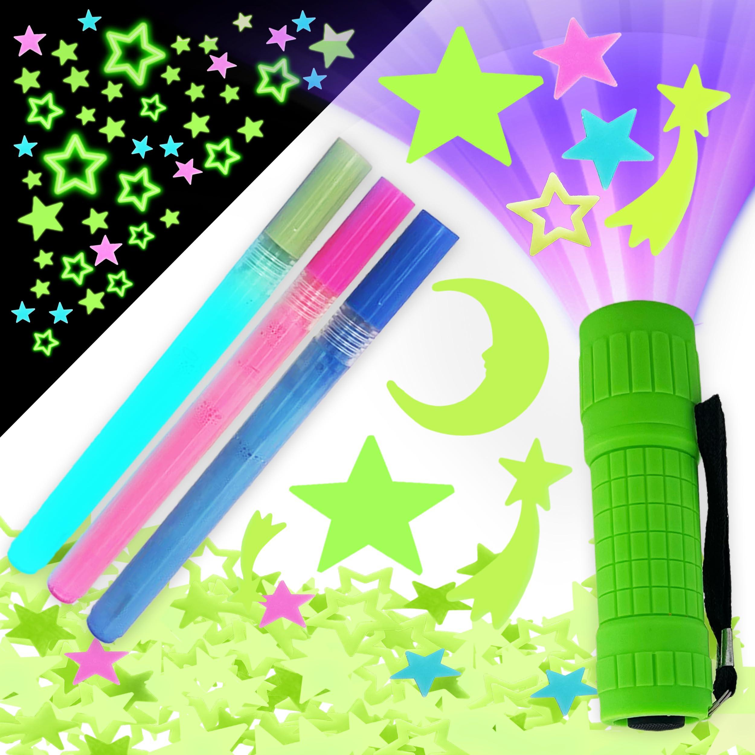 Birth Core Glow in The Dark Stars for Ceiling, Kids Room Decor, 3-in-1 Set, UV Flashlight Blacklight, Neon Glow Markers, Arts and Crafts for Kids, Glow in The Dark Stickers, Wall Decor. 200 Stars and Moon