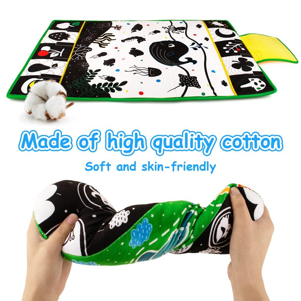 Inbeby Inbeby Tummy Time Mirror & Play Mat & Pillow 3-in-1, High Contrast Black and White Baby Toys, Activity Mat for Early Education, Newborn Infant Tummy Time Toy Set for 0 3 6 12 Month Crinkle/Squeake