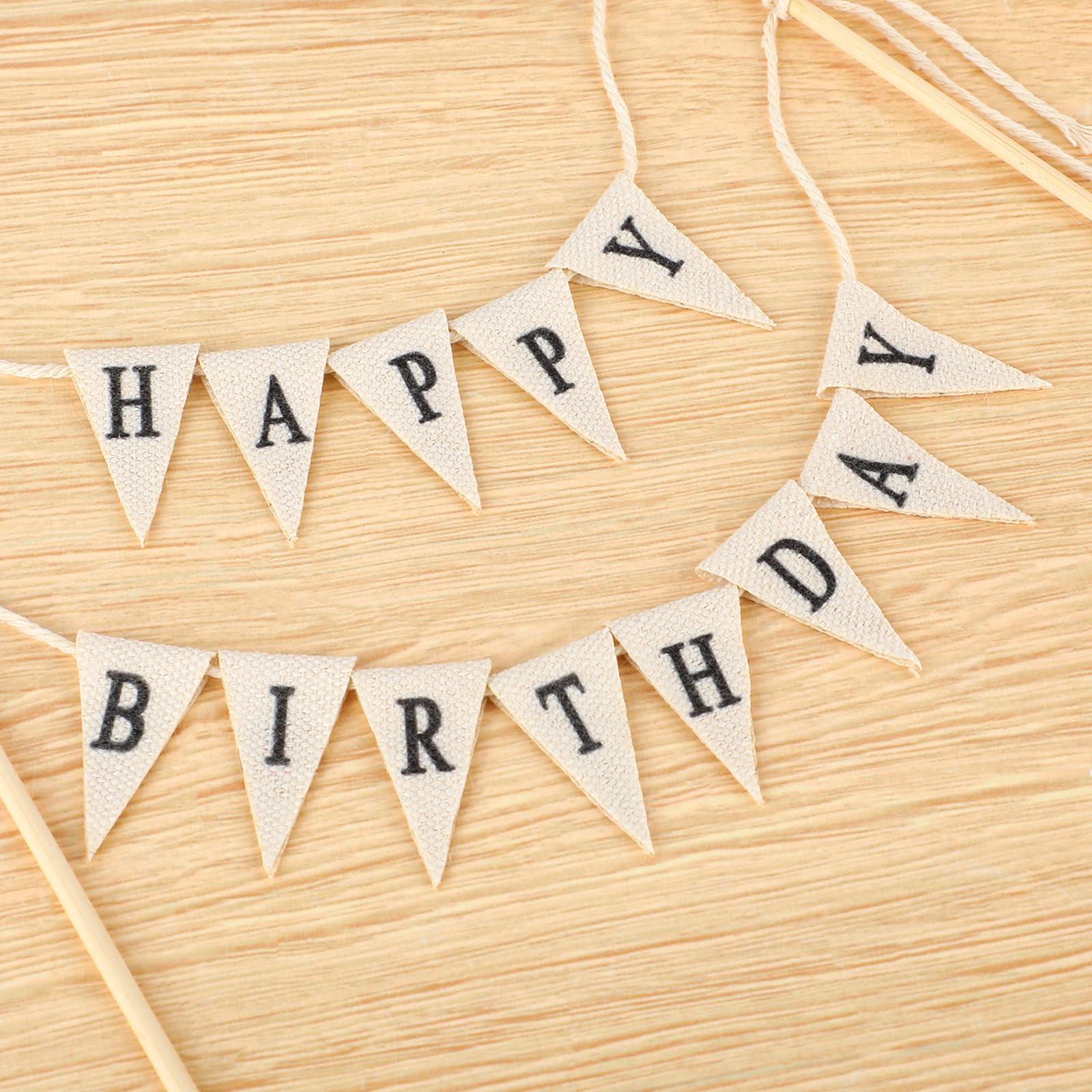 Aeaocvo Happy Birthday Cake Banner Personalized Birthday Cake Toppers, Handmade Linen Pennant Flags with 7.9 in Bamboo Polls, Birthday Party Decoration Supplies for Cakes Cupcakes