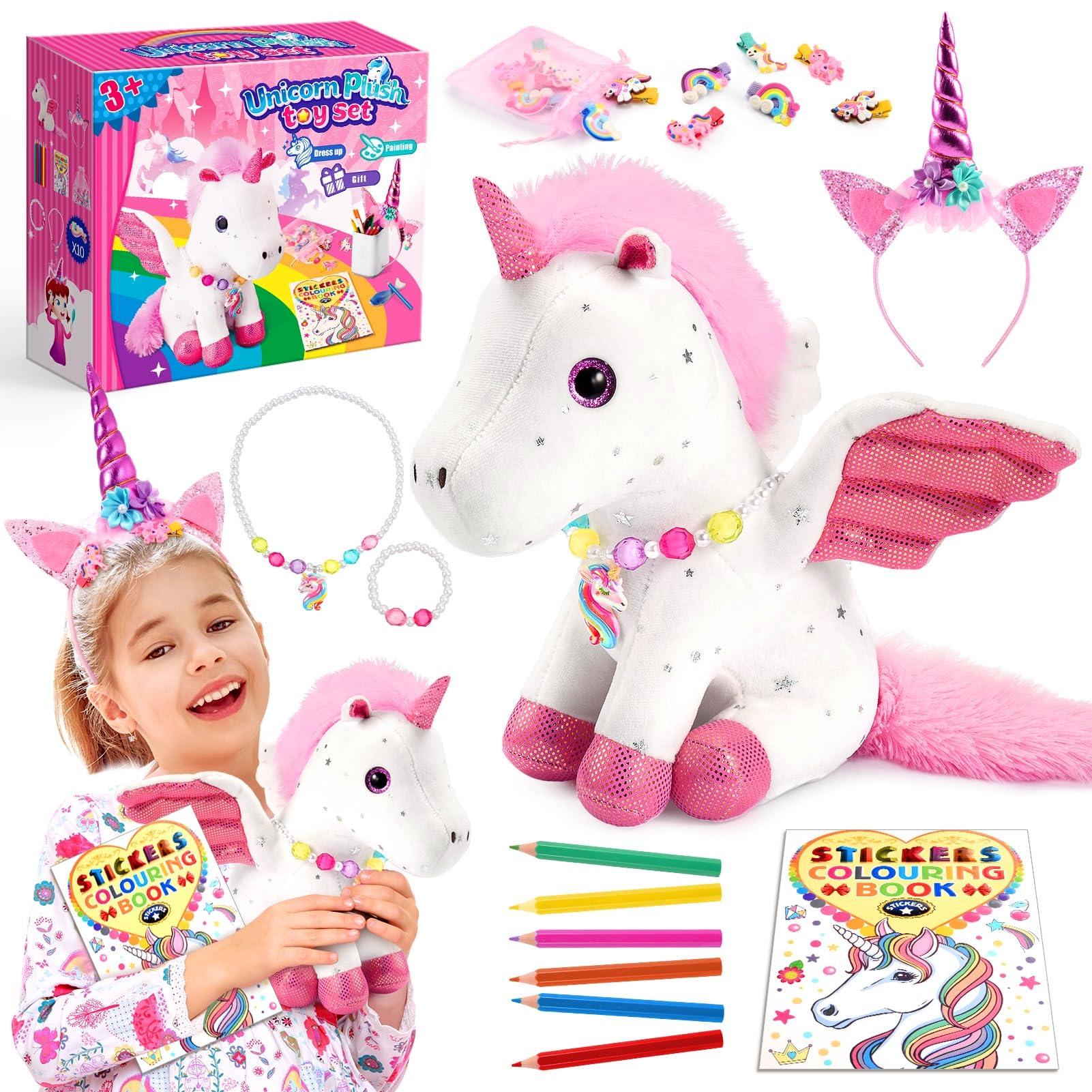 Toyze Unicorn Toys for Girls Ages 2-4 4-6 5-7 with Unicorn Stuffed Animal DIY Coloring Book for Kids Toddler,Cute Girl Toys with Unicorn Headband Jewelry Hair Clip,Fun Baby Girl Gifts for Birthday Christmas