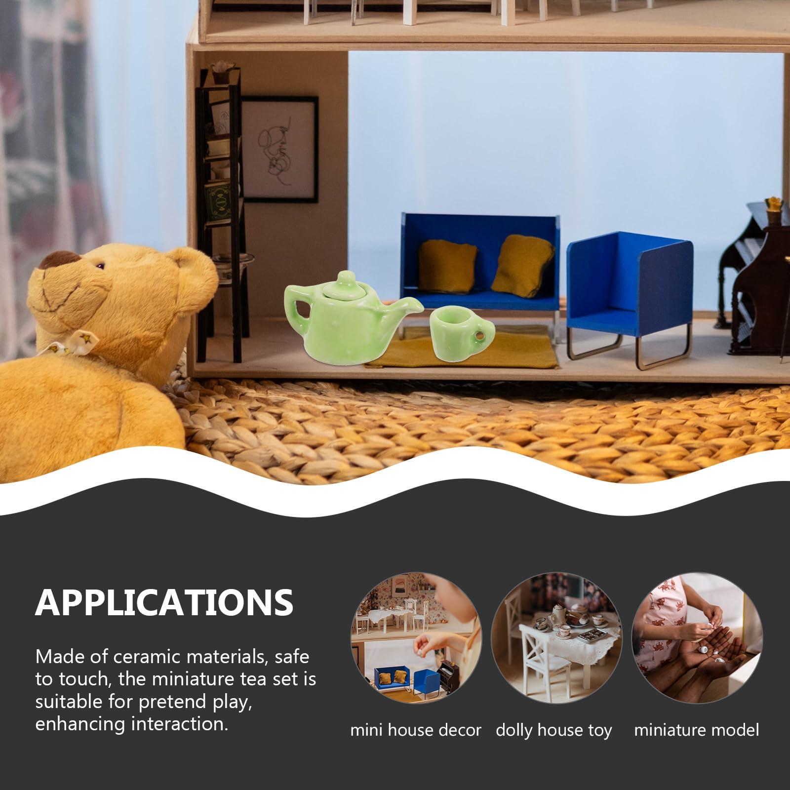 LOGOFUN LOGOFUN Miniature Tea Pot Tea Cups Set Mini Tea Pot Model 1:12 Scale Simulation Tea Cups Prop for Doll House Kitchen Accessories - Green