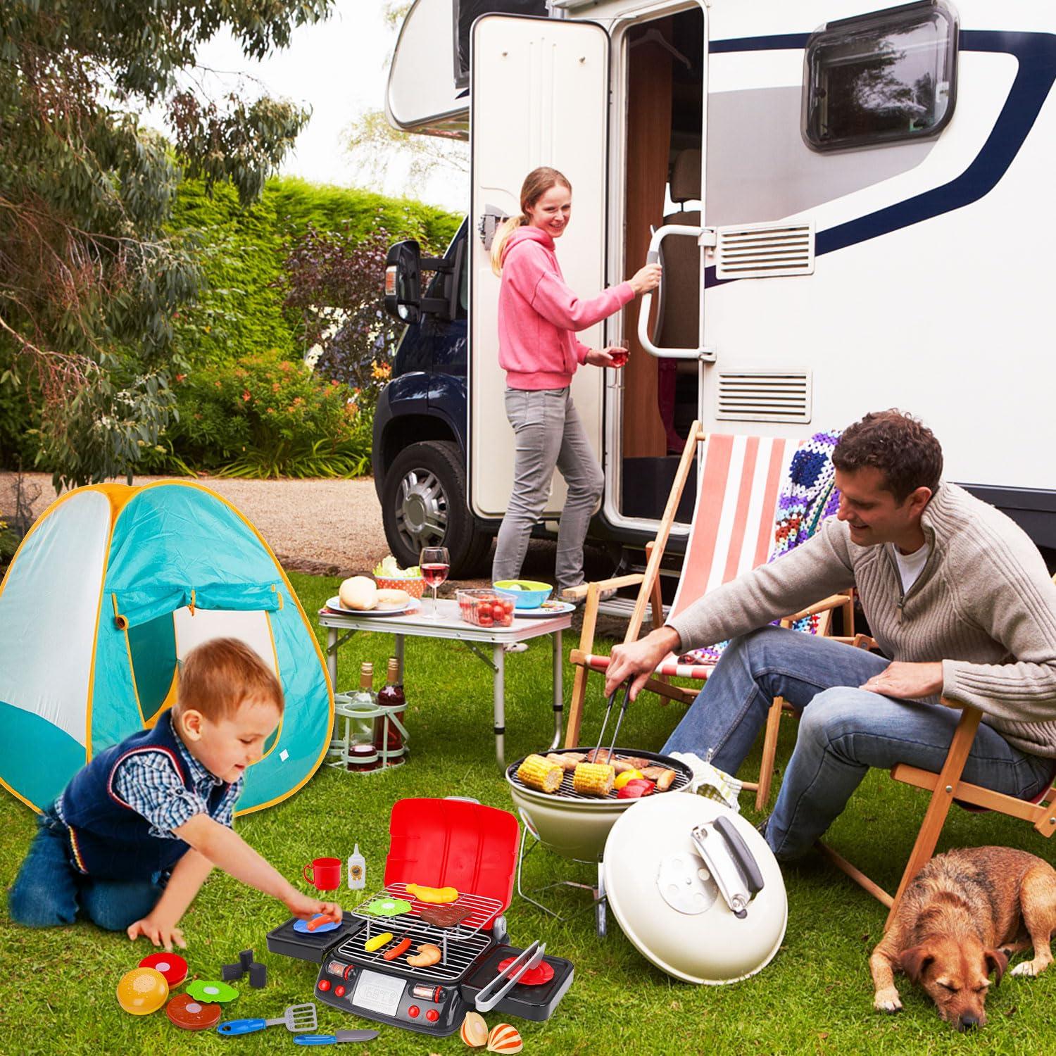 AugToy Kids Play Food Grill with Pretend Smoke Sound Light Kitchen Playset BBQ Accessories Camping Cooking Set Barbecue Toddler Girl Boy Toy 2 3 4 5 6 Year Old 4-8 Birthday Kid Toy Idea