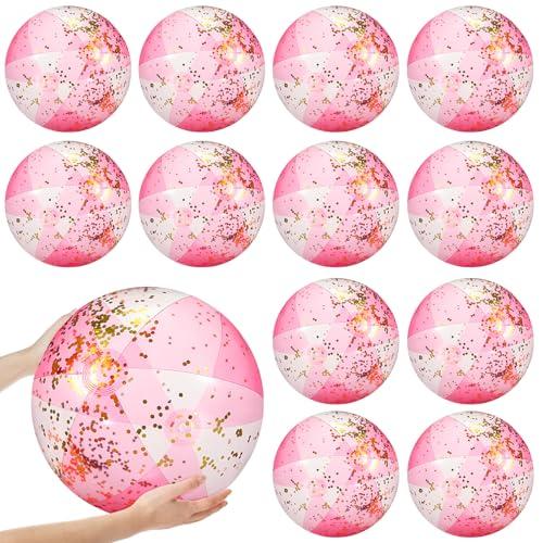 Chitidr Chitidr 12 Pcs 16 Inch Inflatable Beach Ball Glitter Bulk Clear Confetti Pool Swimming Bubble Ball Outdoor Summer Pool Party Decor for Adults Swimming Hawaiian Tropical Theme(Pink)