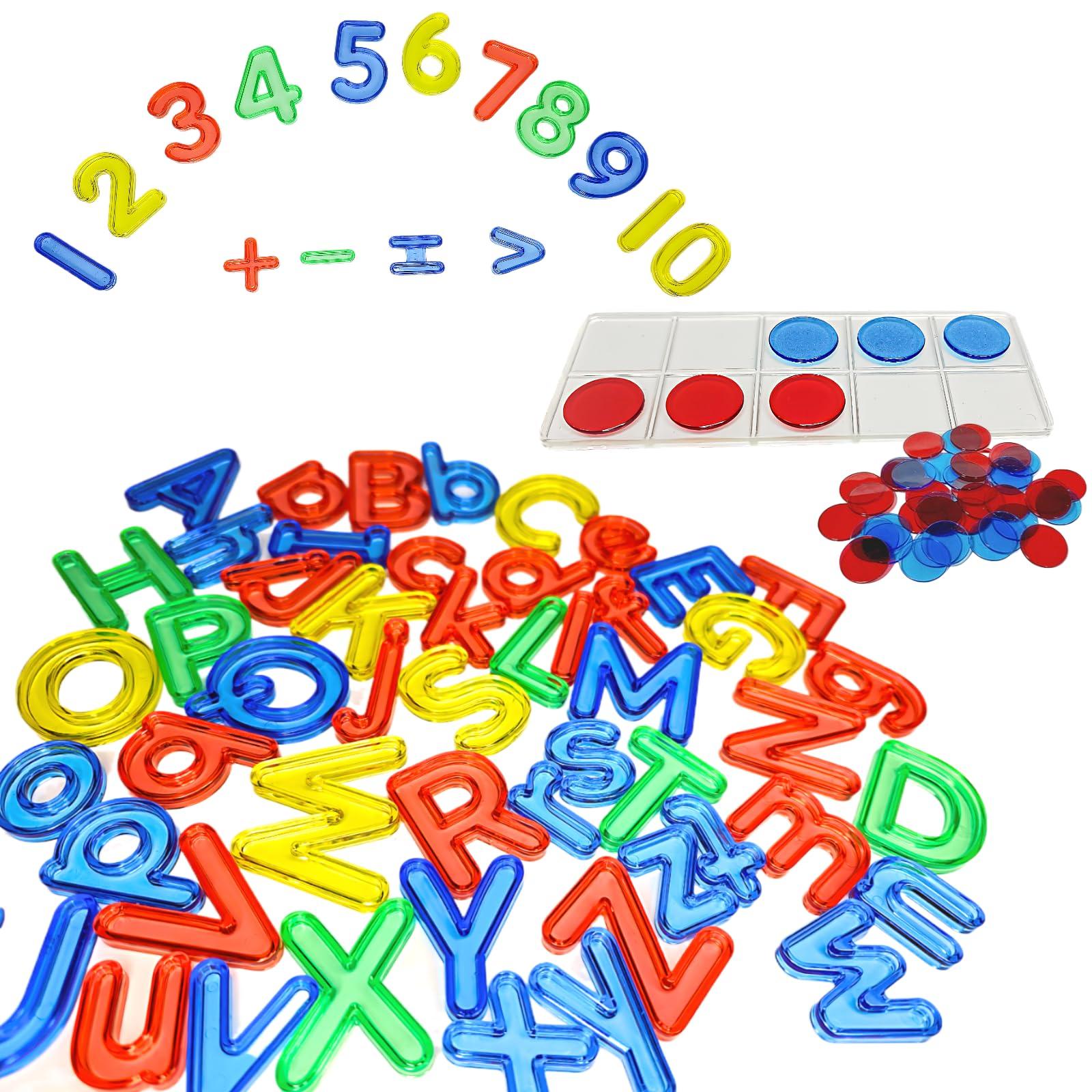 NNHOM 85 Pcs Colorful Plastic Letters and Numbers Set,Transparent Light Table Manipulatives Alphabet Letters,Include 52 Letters,10 Numbers,Ten Frame & Counters.Ideal for Toddler Spelling,Counting