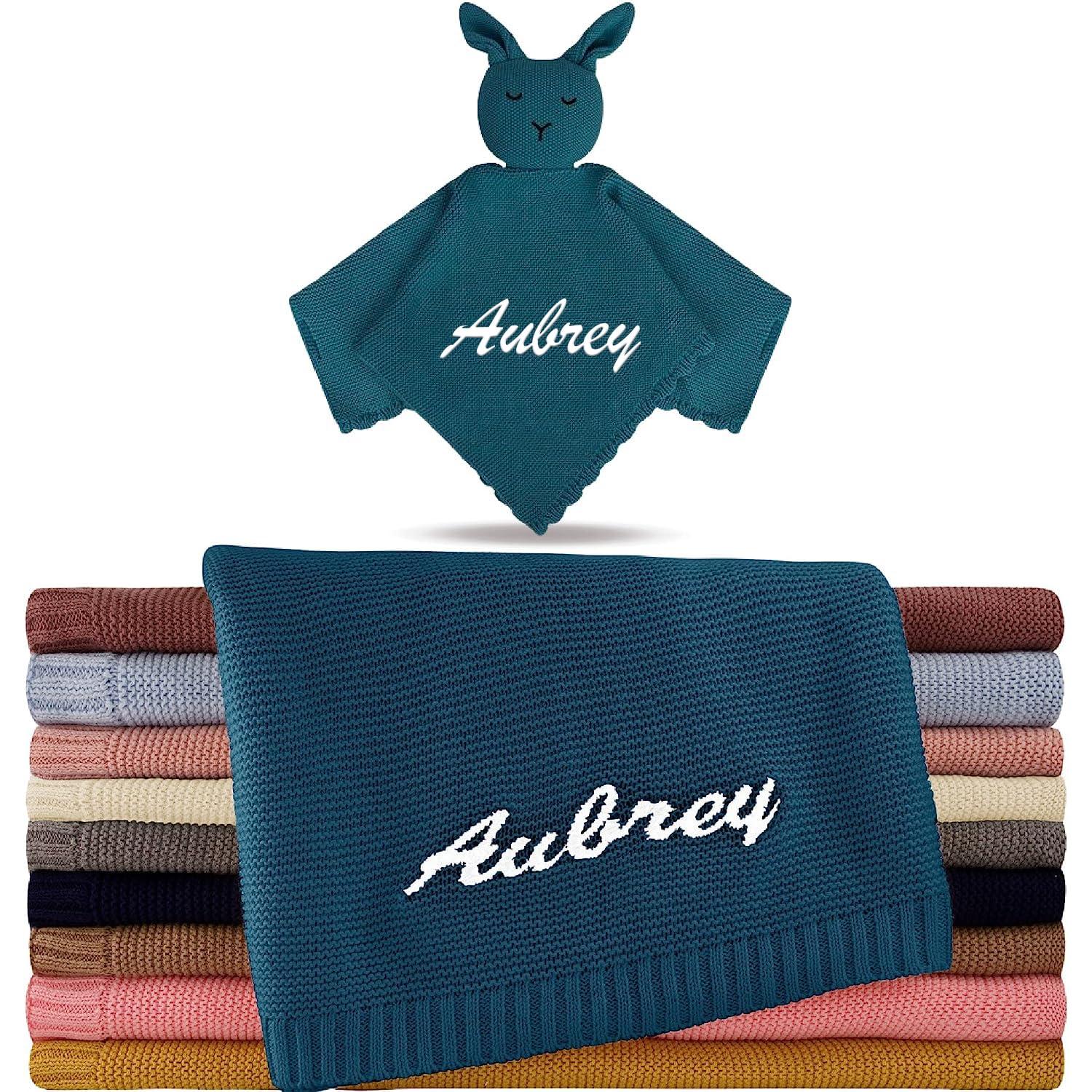 Personalized Passion Personalized Knit Blanket Bundle for Baby Boys and Girls - Custom 32"x42" Knit Blanket and Security Blanket Set with Embroidered Baby's Name - Knit Baby Blankets for Crib, Stroller, Car - Teal