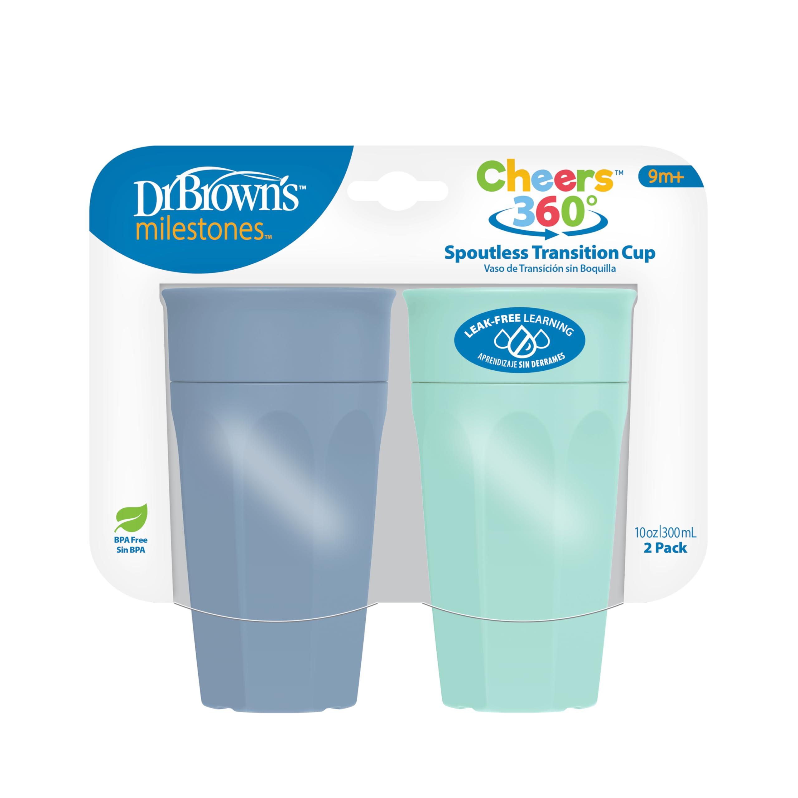Dr. Brown's Dr. Brown's Milestones Cheers 360 Training Cup for Toddlers & Babies, Leak-Free Sippy Cup, Blue/Aqua, 10oz/300mL, 9m+, 2 Pack (Colors May Vary)