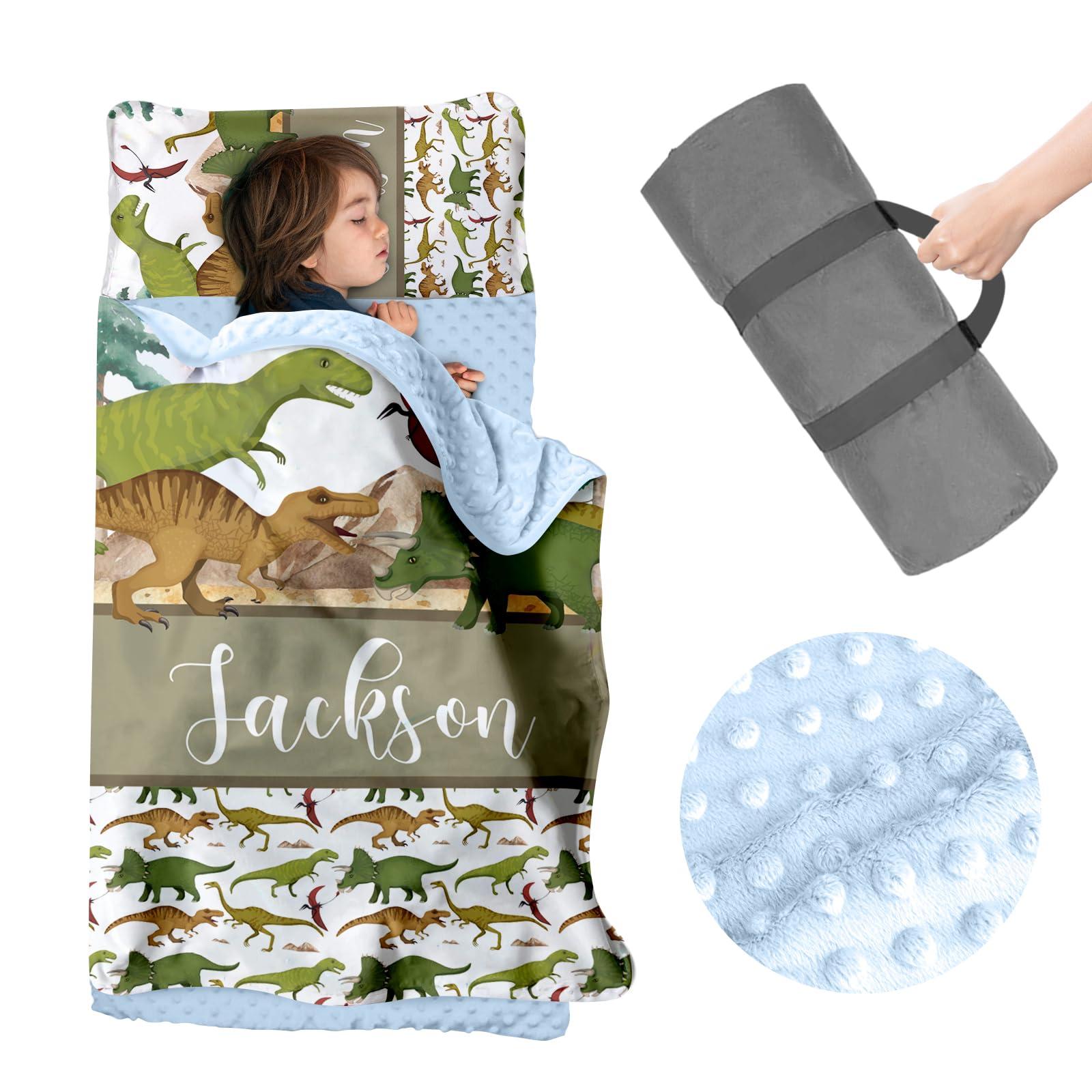 Kotagi Personalized Toddler Nap Mat for Daycare Cot Bedding, Custom Baby Name Sleeping Bag for Preschool Kindergarten, Brown Dinosaurs Portable Nap Mats with Pillow Blanket for Kids Children Boy