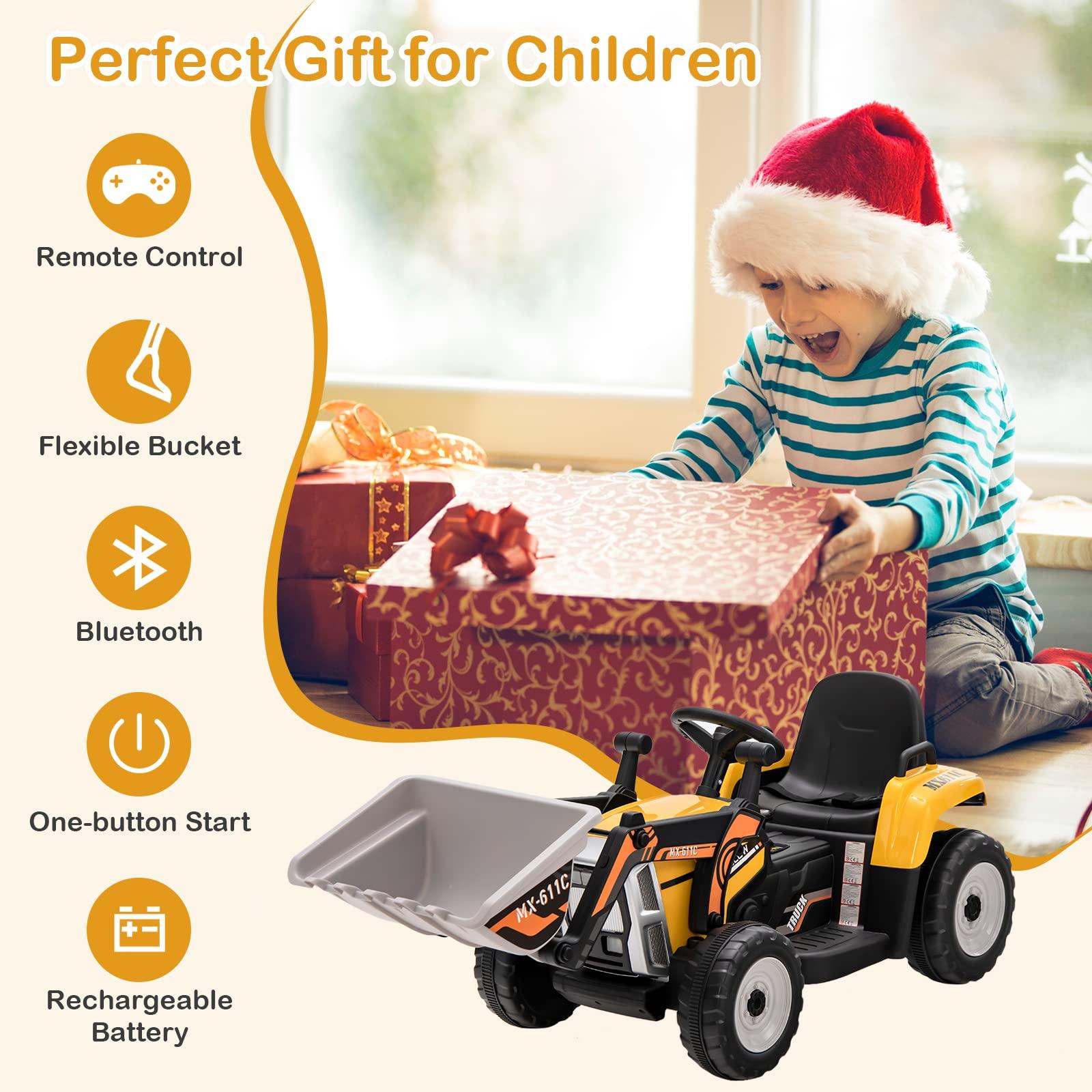 HONEY JOY HONEY JOY Ride On Excavator, 12V Kids Bulldozer Ride On Car w/Remote Control, Electric Construction Vehicle for Kids Digger, 3 Speeds, Adjustable Digging Bucket, Ride On Tractor for Boys Girls(Yellow)