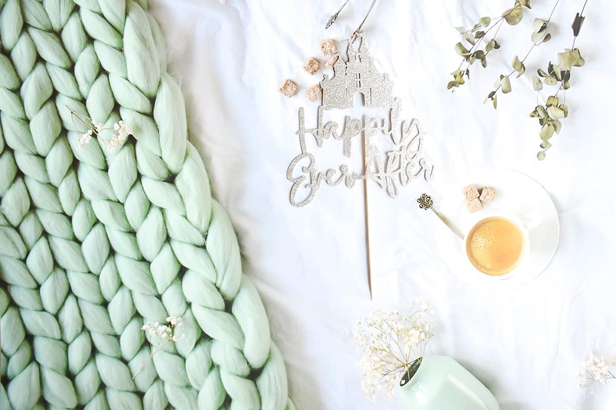 QXQXBA Happily Ever After with Castle Cake Topper Cinderella Castle Wedding Cake Decoor Engagement Bridal Shower Party Decorations Silver Glitter