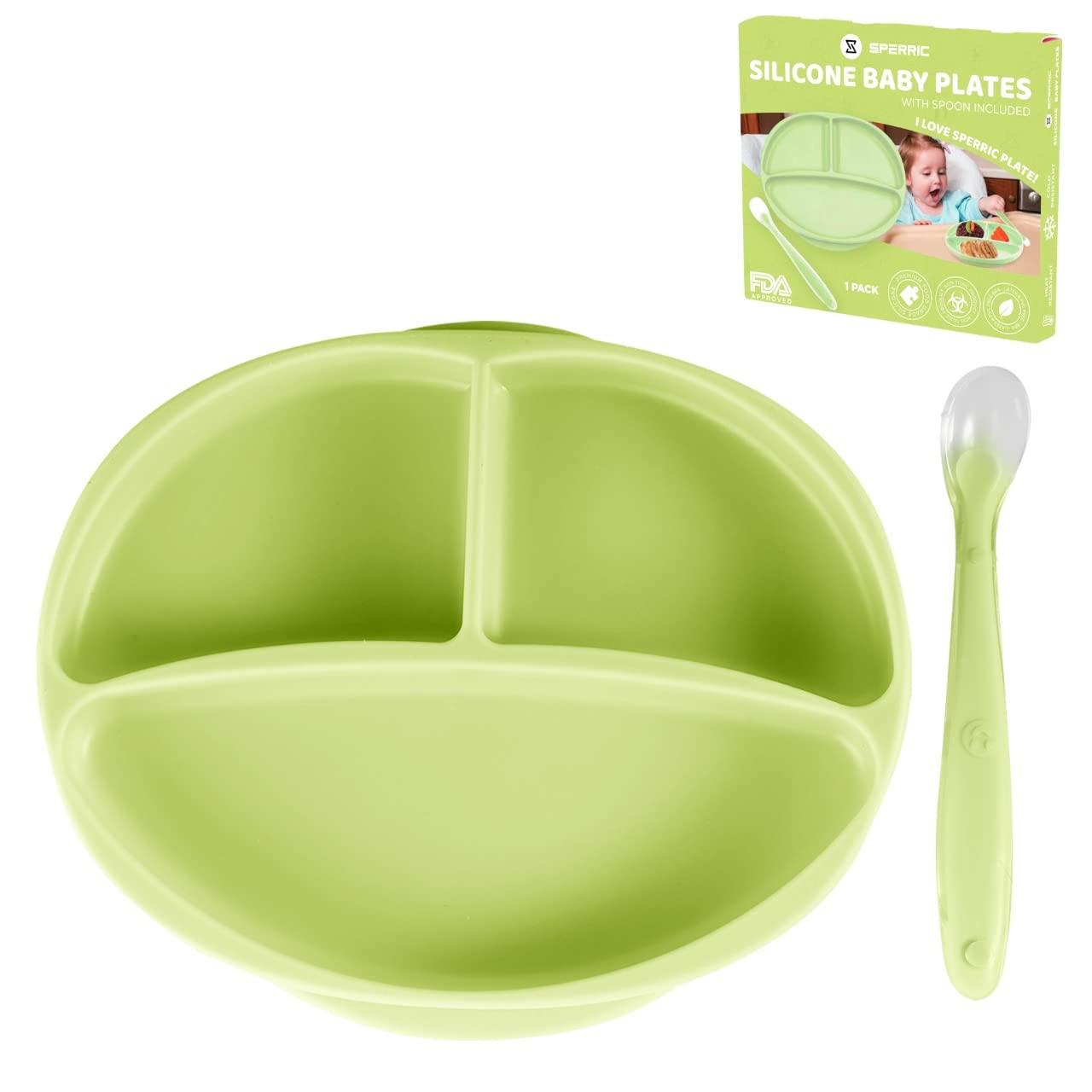 Sperric Silicone Suction Plate for Baby - 100% Food Grade Silicone Divided Plate | Toddler Self Feeding Training Suction Plate Set | BPA-Free, Microwave & Dishwasher Safe Stay Put Plates (Sage)