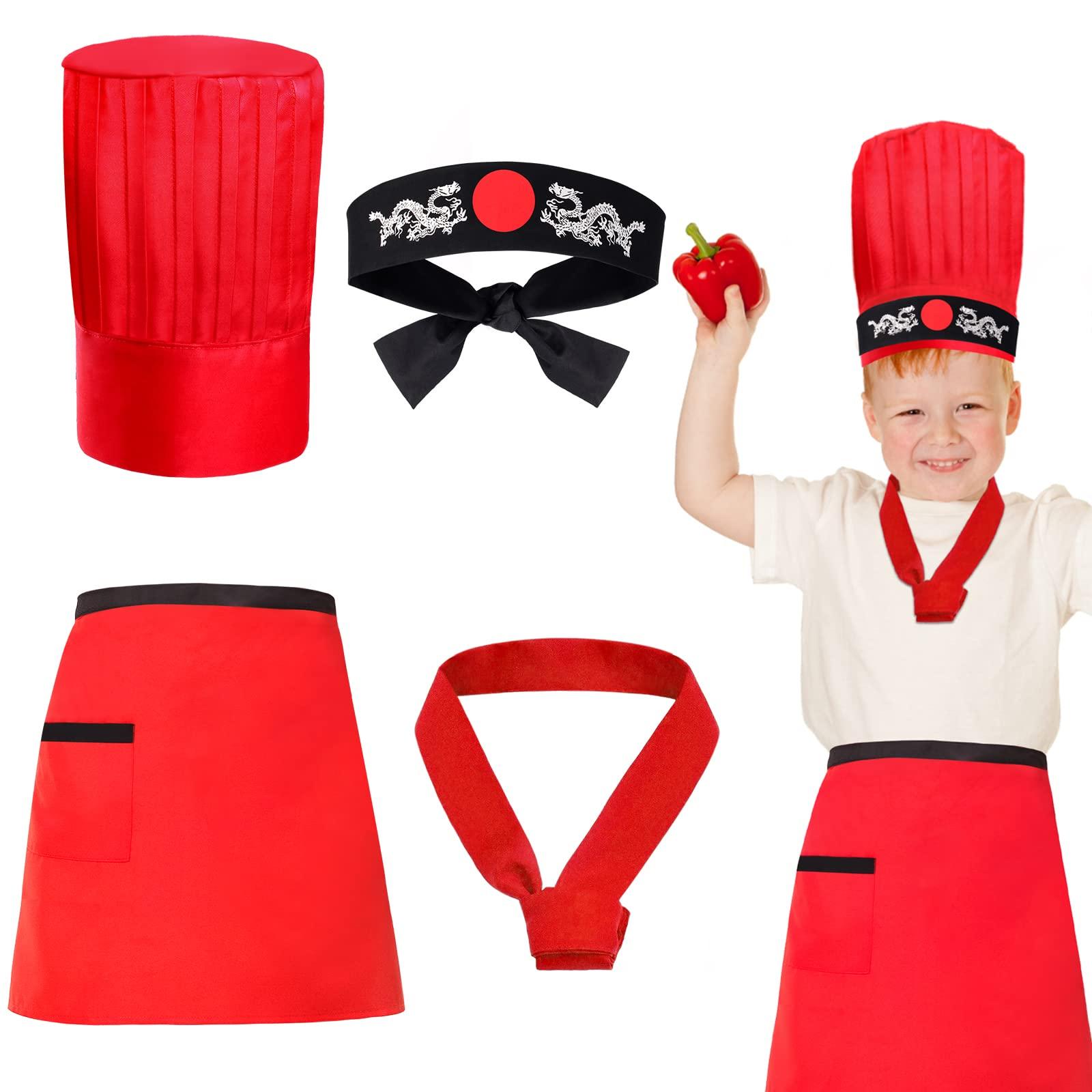 Keymall Keymall Kids Hibachi Chef Hat Teppanyaki Tall Chef Cap With Hachimaki Headband Tie Apron for Hibachi Birthday Party Costume(red)