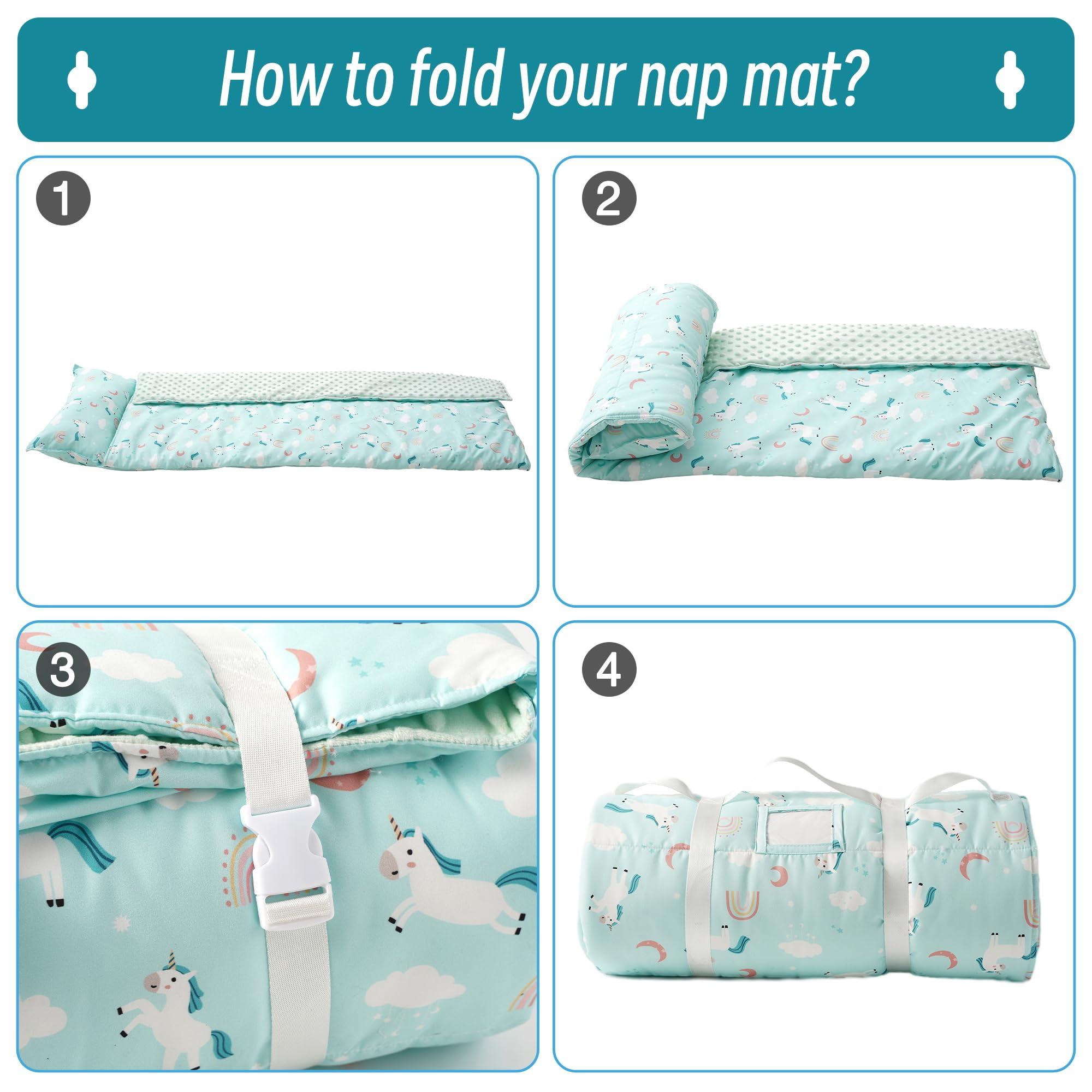Bunnikins & Clover Bunnikins & Clover Toddler Nap Mat with Removable Pillow & Minky Blanket, Roll Up Nap Mats for Preschool, Soft Kids Sleeping Mat for Boys Girls Kindergarten Daycare