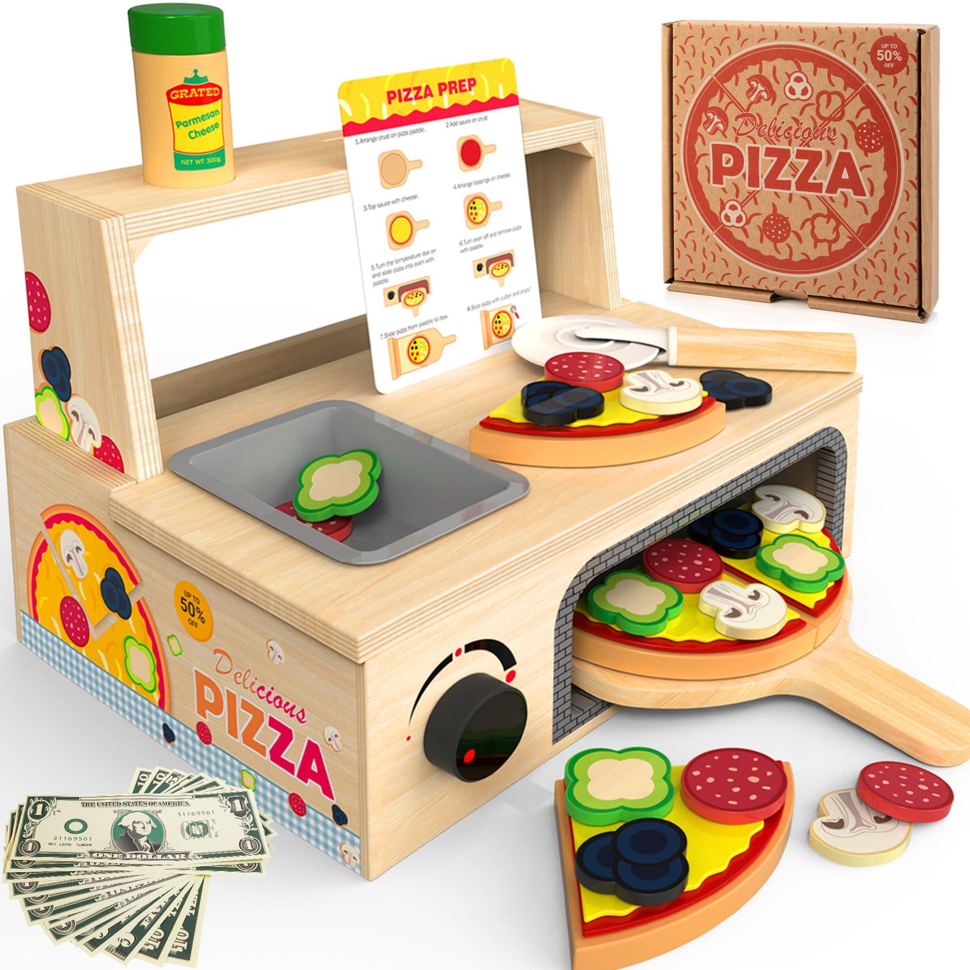 WOODMAM WOODMAM Wooden Pizza Toy - 48 PCS Montessori Pretend Play Food for Ages 3+, Educational Learning Toy Wooden Playset with Bake Oven, Christmas Birthday Gift for 3 4 5 6 Year Old
