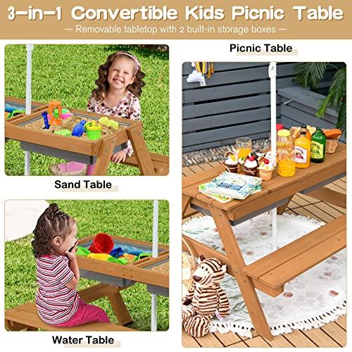Costzon Costzon Kids Picnic Table, 3 in 1 Sand & Water Table w/Height Adjustable Umbrella, Removable Tabletop, Children Outdoor Toy Playset w/2 Play Boxes, Wooden Convertible Activity Play Table