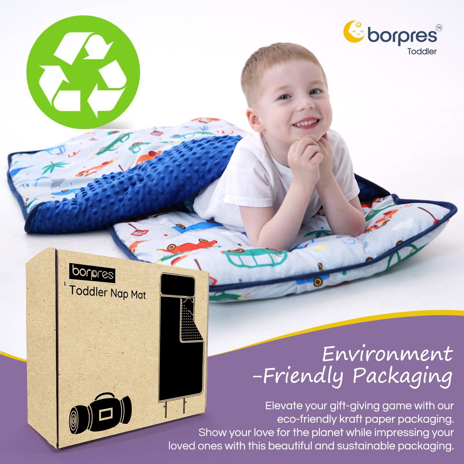 BORPRES Nap Mat with Pillow Blanket Set: Cars Sleeping Mats for Toddler Kids - Thick Large Roll up Slumber Bag for Daycare Preschool Kindergarten Boys Girls