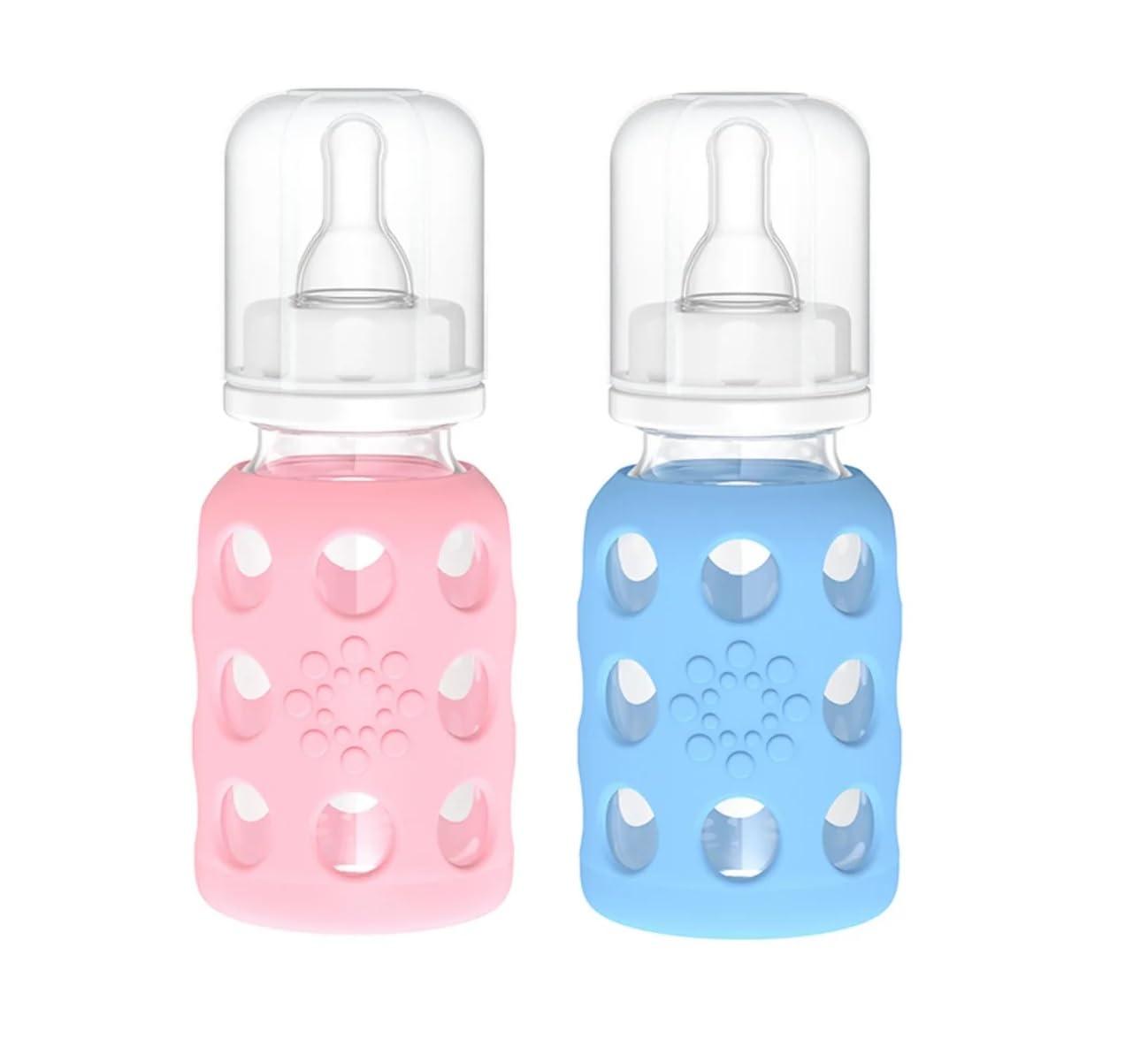 Lifefactory Lifefactory Glass Baby Bottles with Silicone Protection - 2-PACK, 4 Ounce Bottles, Pink & Sky Blue