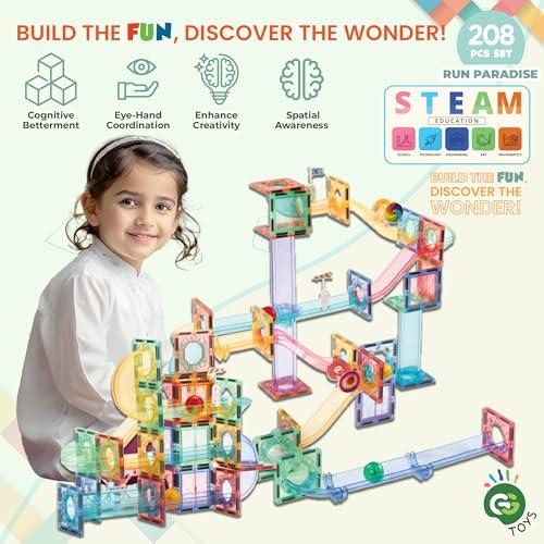 GG TOYS GG TOYS Magnetic Marble Run  208 PCS Magnetic Tiles & Construction Blocks Set  STEM Building Toys for Boys & Girls Ages 3-9  3D Educational Marble Race Game  Gift for Birthdays & Classrooms