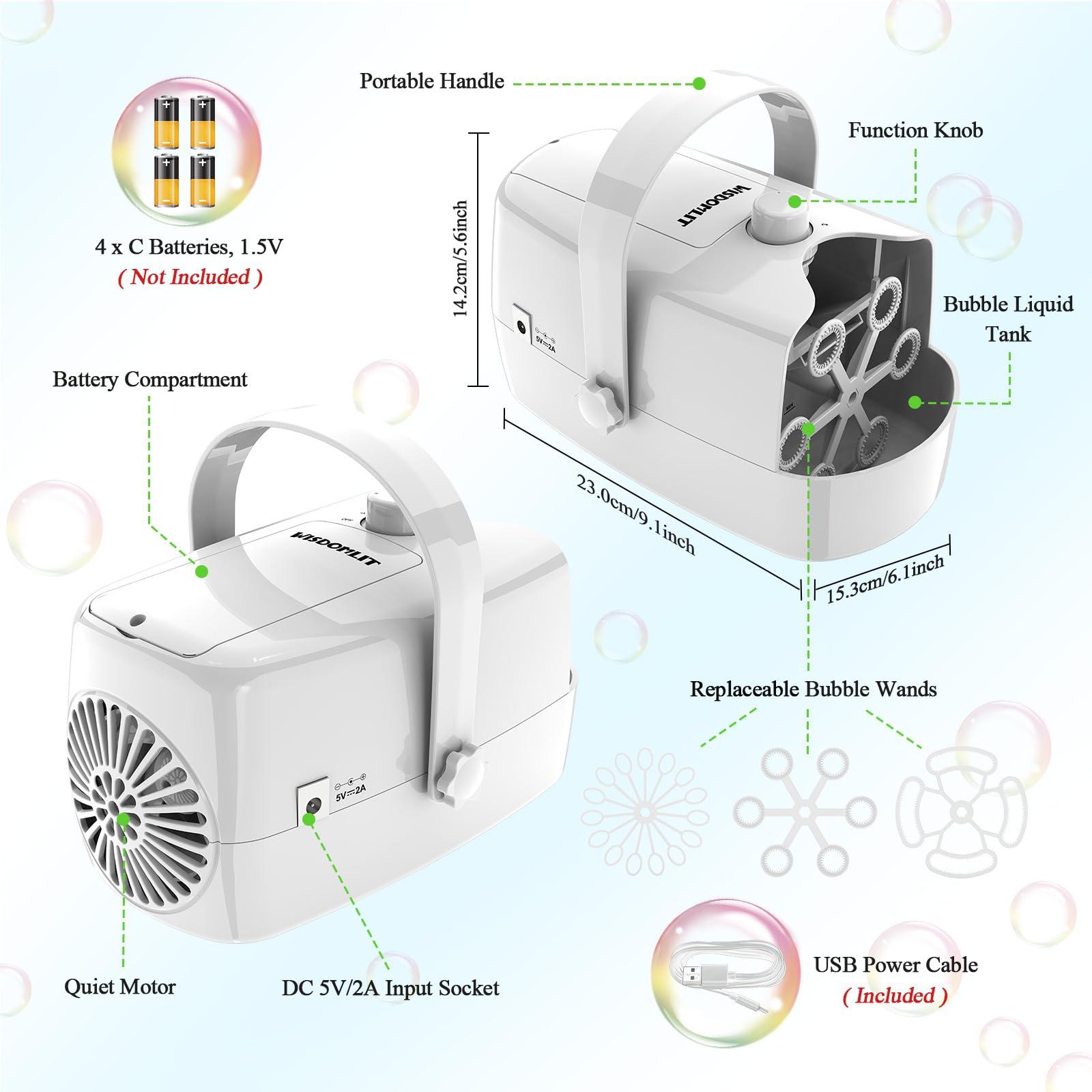 Wisdomlit Bubble Machine, Automatic Bubble Blower, 8000+ Big Bubbles Per Minute, Bubble Maker for Kids Toddlers, Operated by Plug-in or Batteries, Bubble Toys for Indoor Outdoor Birthday Party